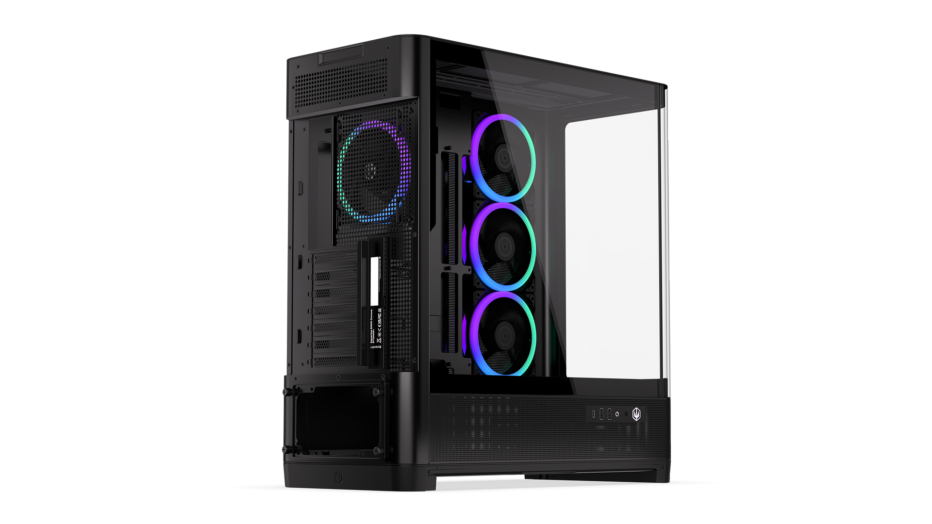 ENDORFY Aquarius 8000 Corona EY2A021-PC Case Back Left View Glass Panel Four Fans I/O Panel