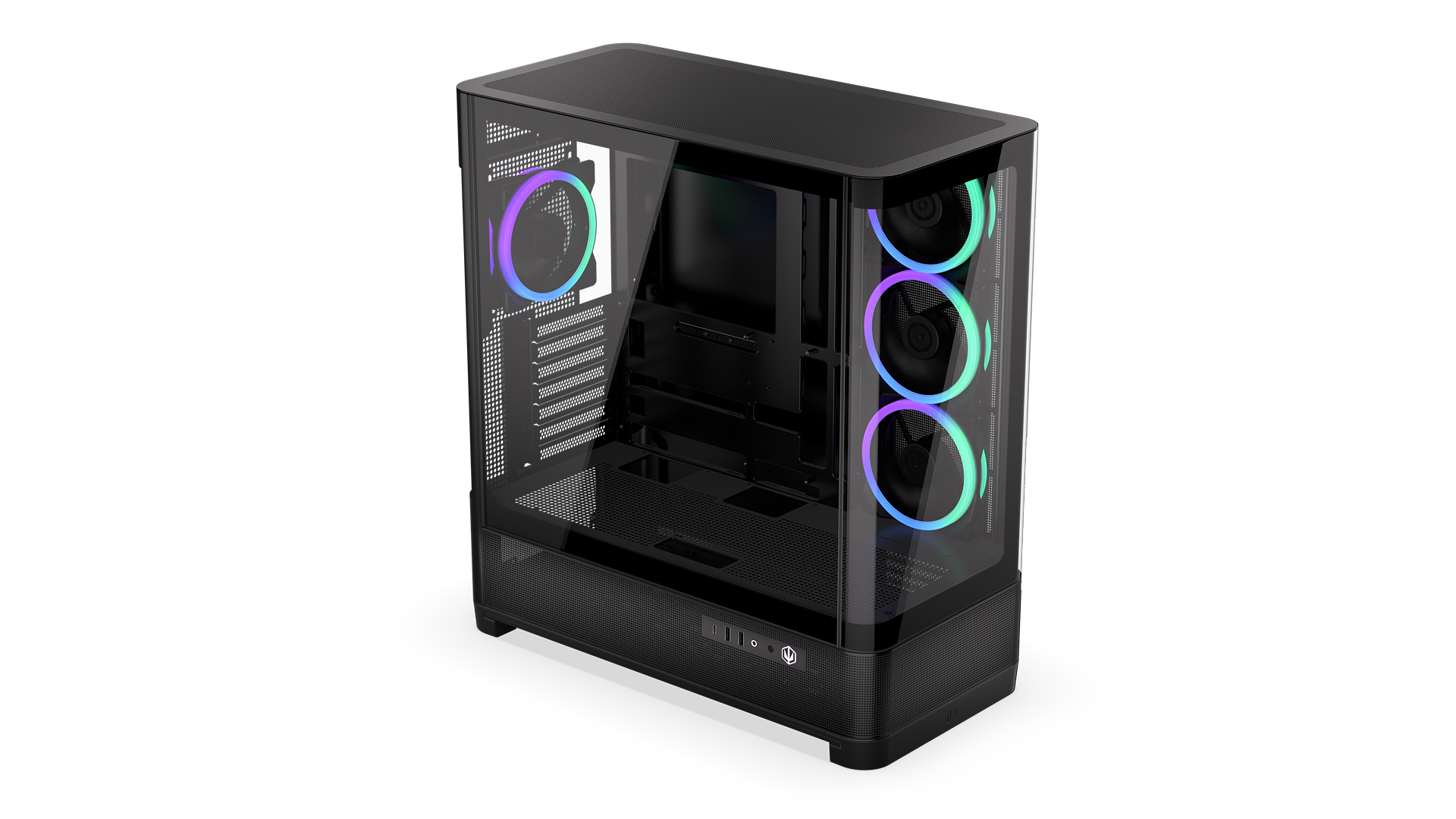 ENDORFY Aquarius 8000 Corona EY2A021-PC Case Front Left View Glass Panel Inside Fans ARGB