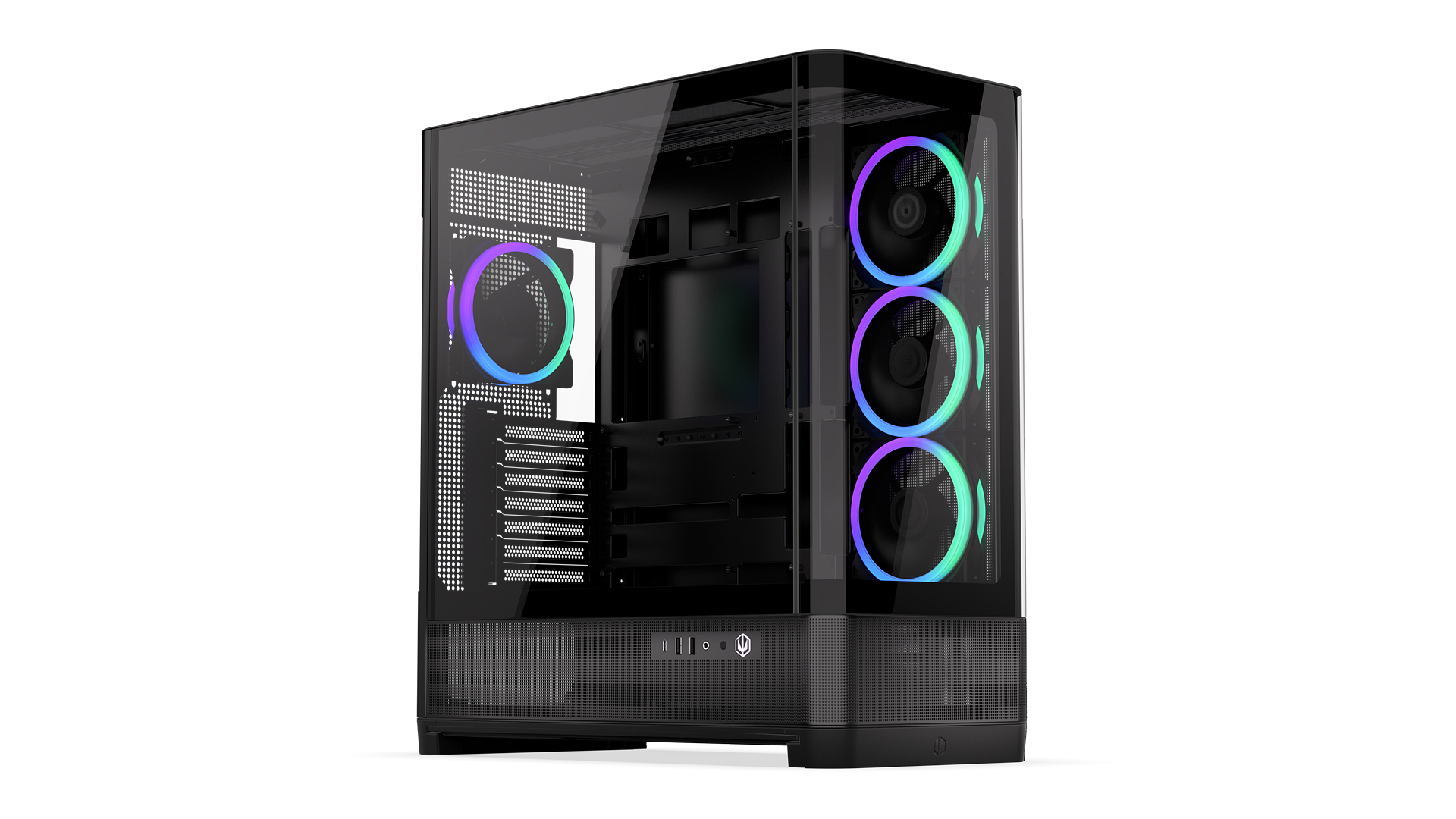 ENDORFY Aquarius 8000 Corona EY2A021-PC Case Front Left View Glass Panel Inside Four Fans ARGB