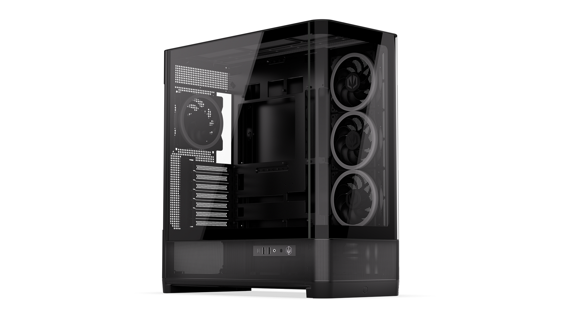 ENDORFY Aquarius 8000 Corona EY2A021-PC Case Front Left View Glass Panel Inside Four Fans