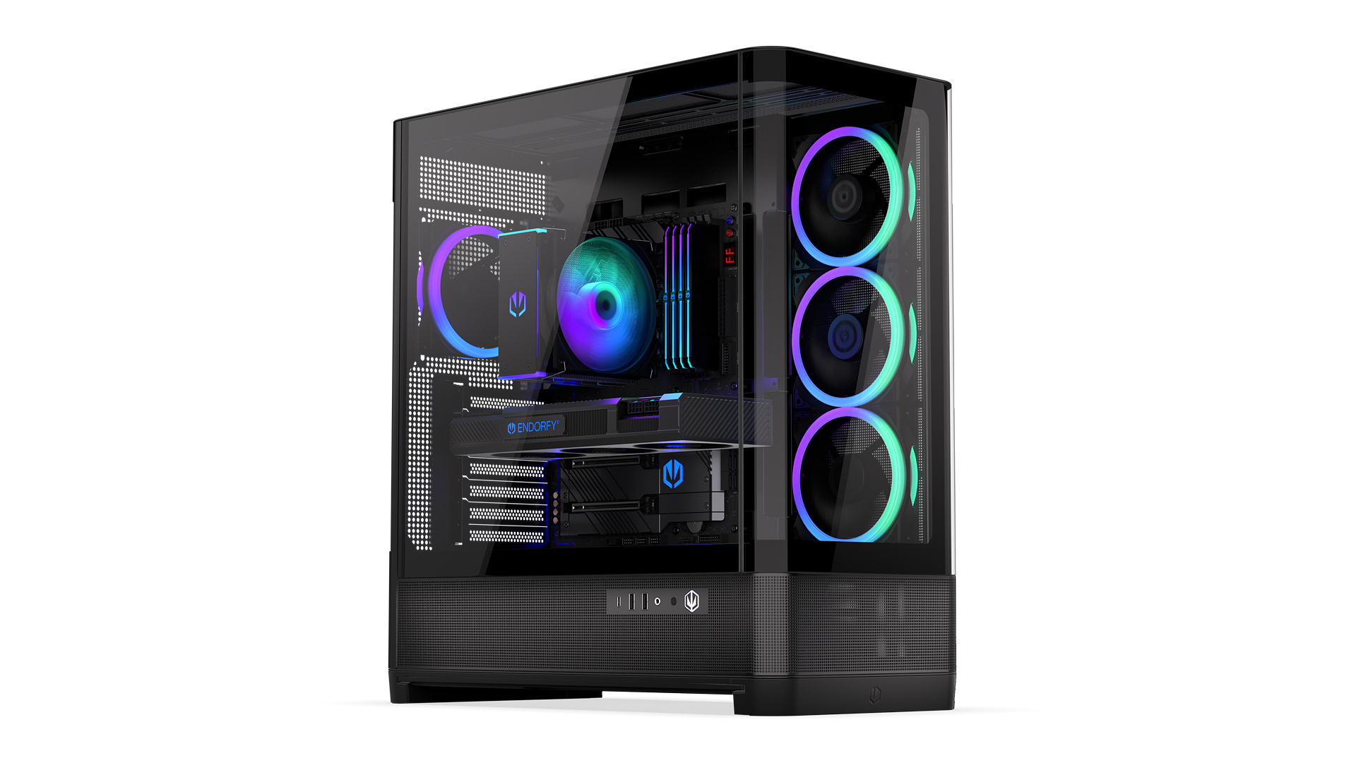 ENDORFY Aquarius 8000 Corona EY2A021 - PC Case Front Left View Glass Side Front Panel Visible Illuminated Fans ARGB Logo Inscription ENDORFY Components