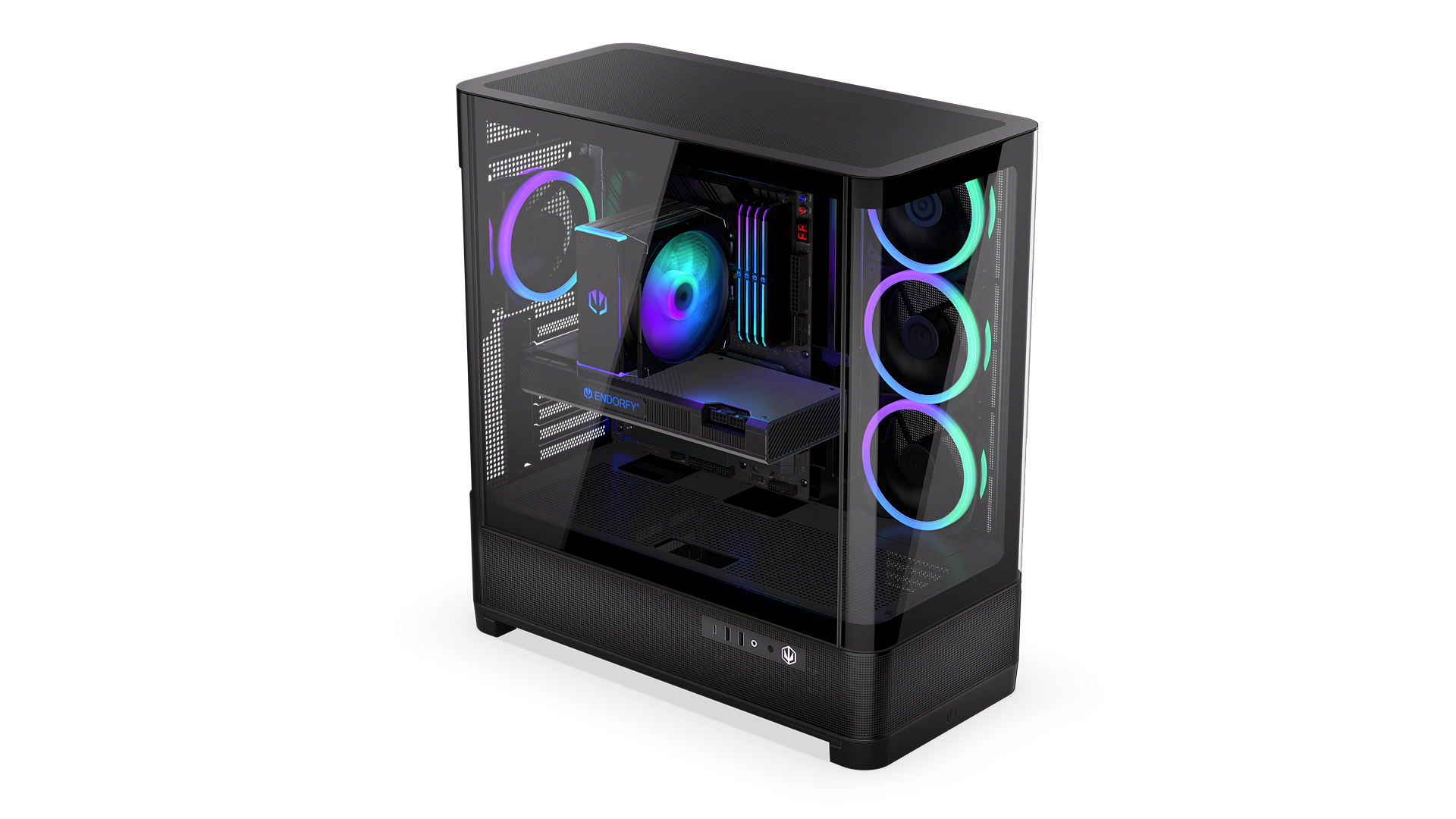 ENDORFY Aquarius 8000 Corona EY2A021 -PC Case Front Left View Side I/O Panel Interior Visible Fans ARGB