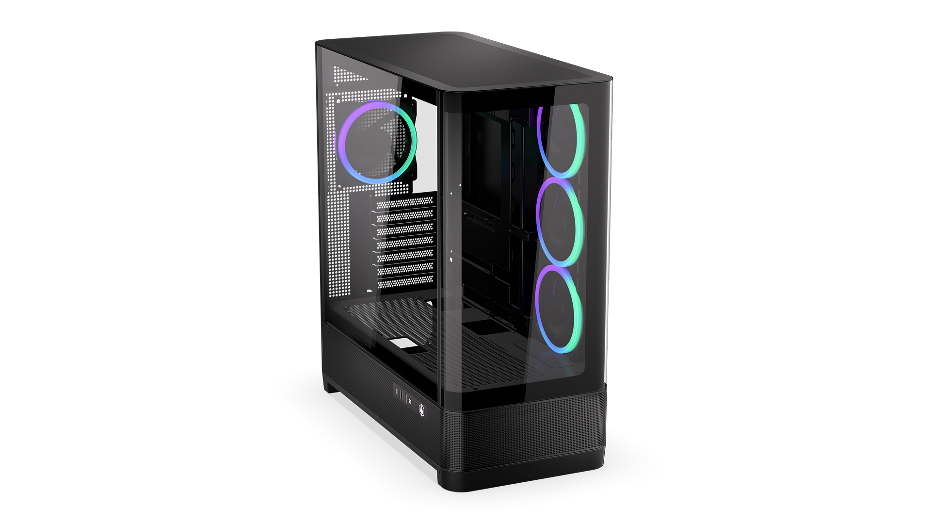 ENDORFY Aquarius 8000 Corona EY2A021-PC Case Front View I/O Panel Interior With Visible Fans ARGB