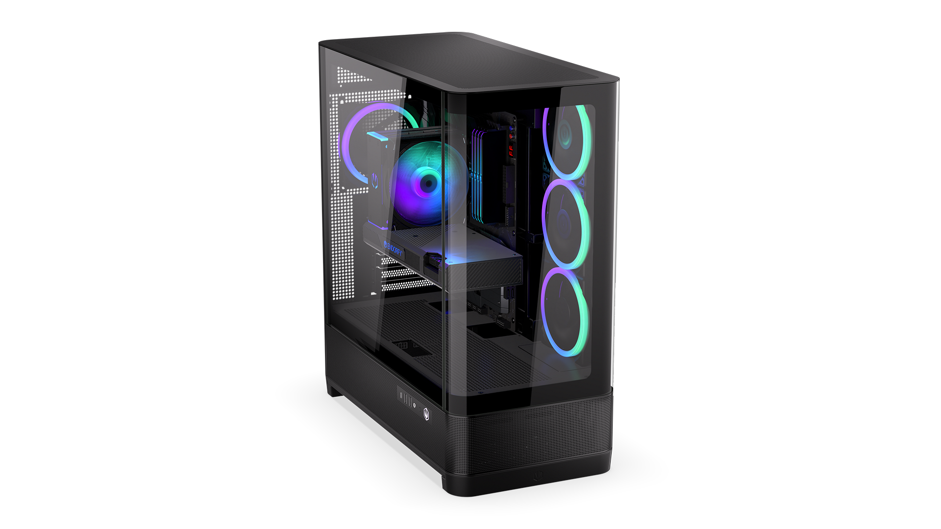 ENDORFY Aquarius 8000 Corona EY2A021 -PC Case Front View I/O Panel Interior With Visible Fans Components ARGB