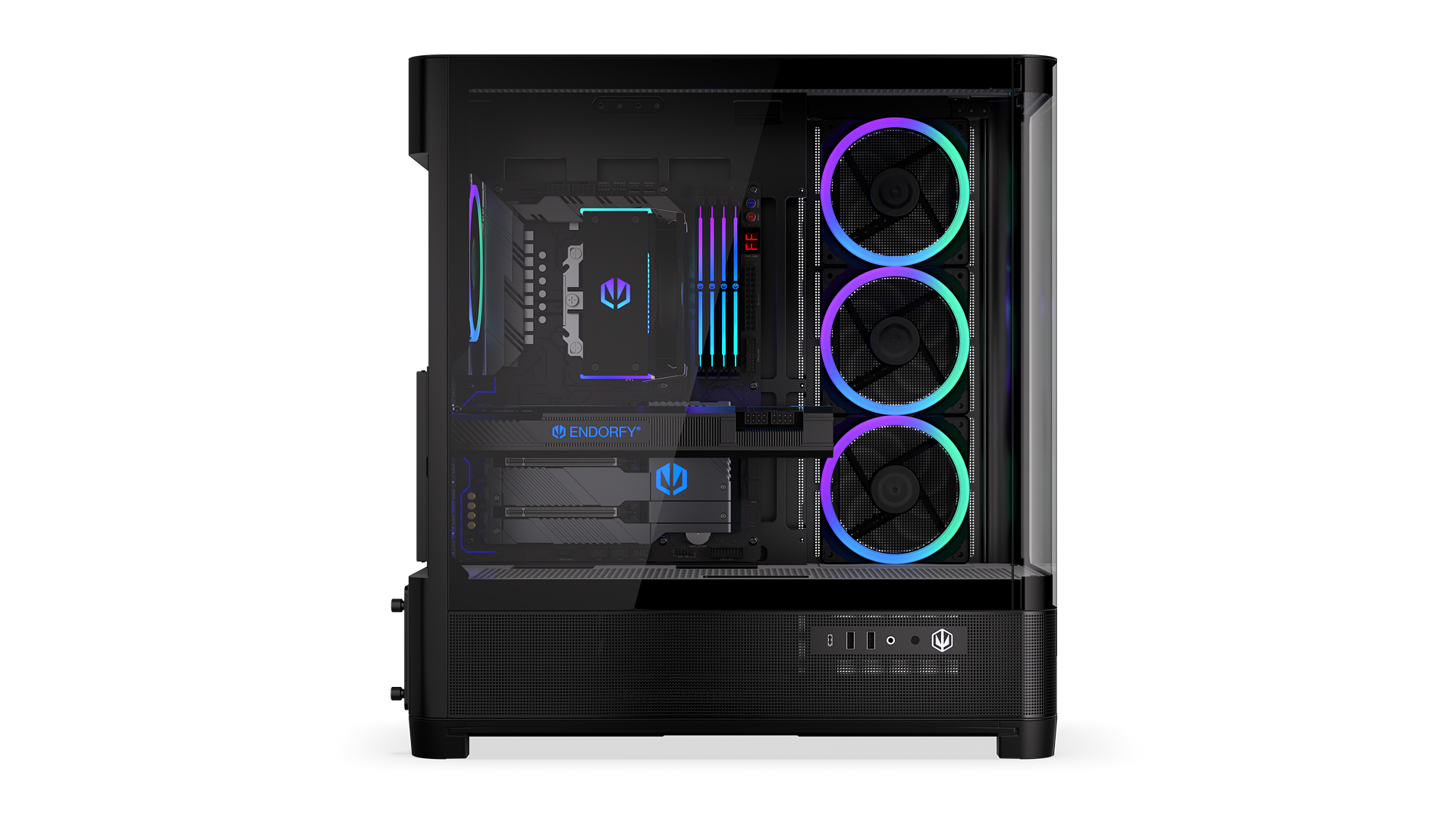 ENDORFY Aquarius 8000 Corona EY2A021-PC Case Left View Glass Panel Inside Fans Components ARGB