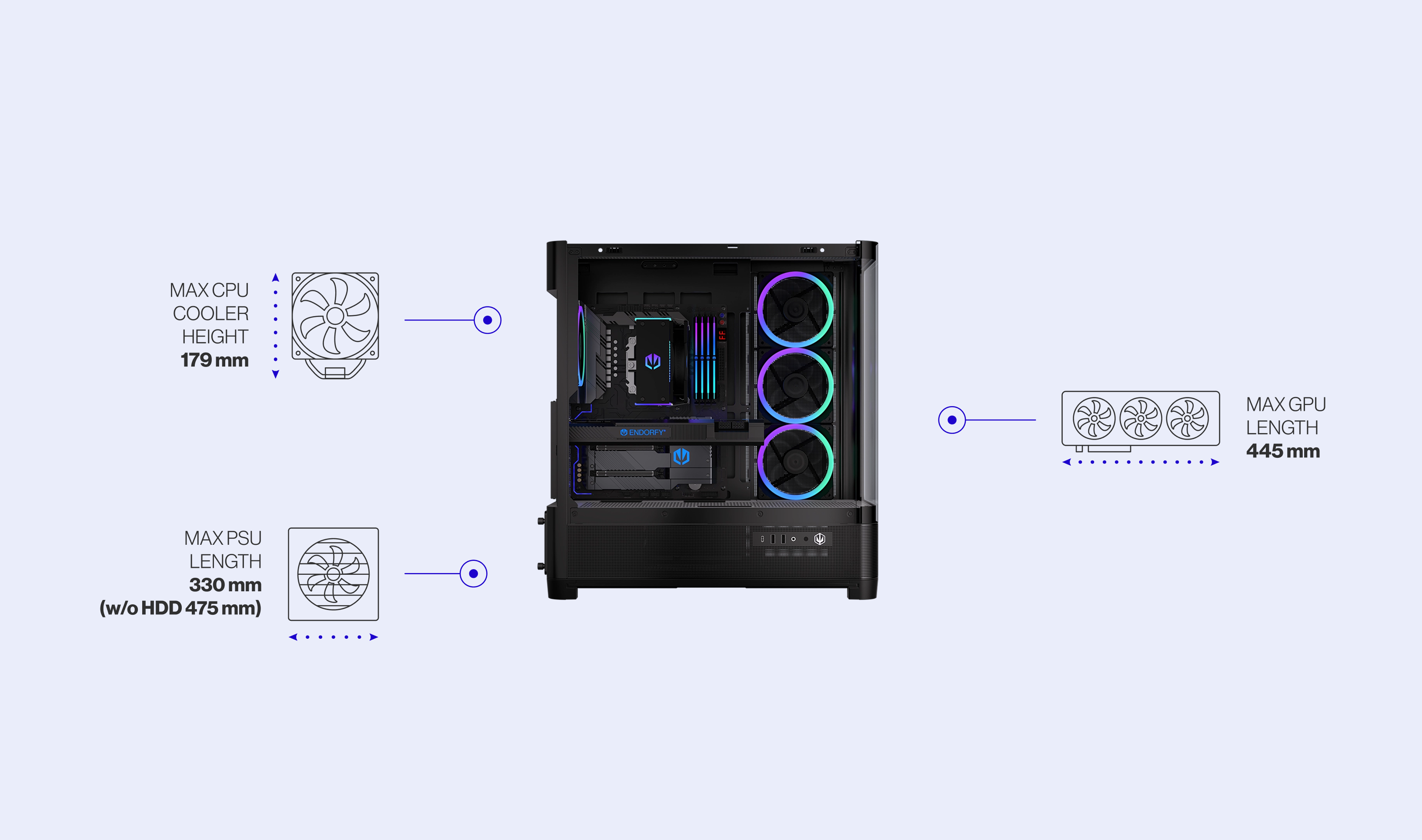 ENDORFY Aquarius 8000 Corona EY2A021 PC Case Side View Removed Panel Compatibility Icons Max Dimensions Config CPU GPU PSU