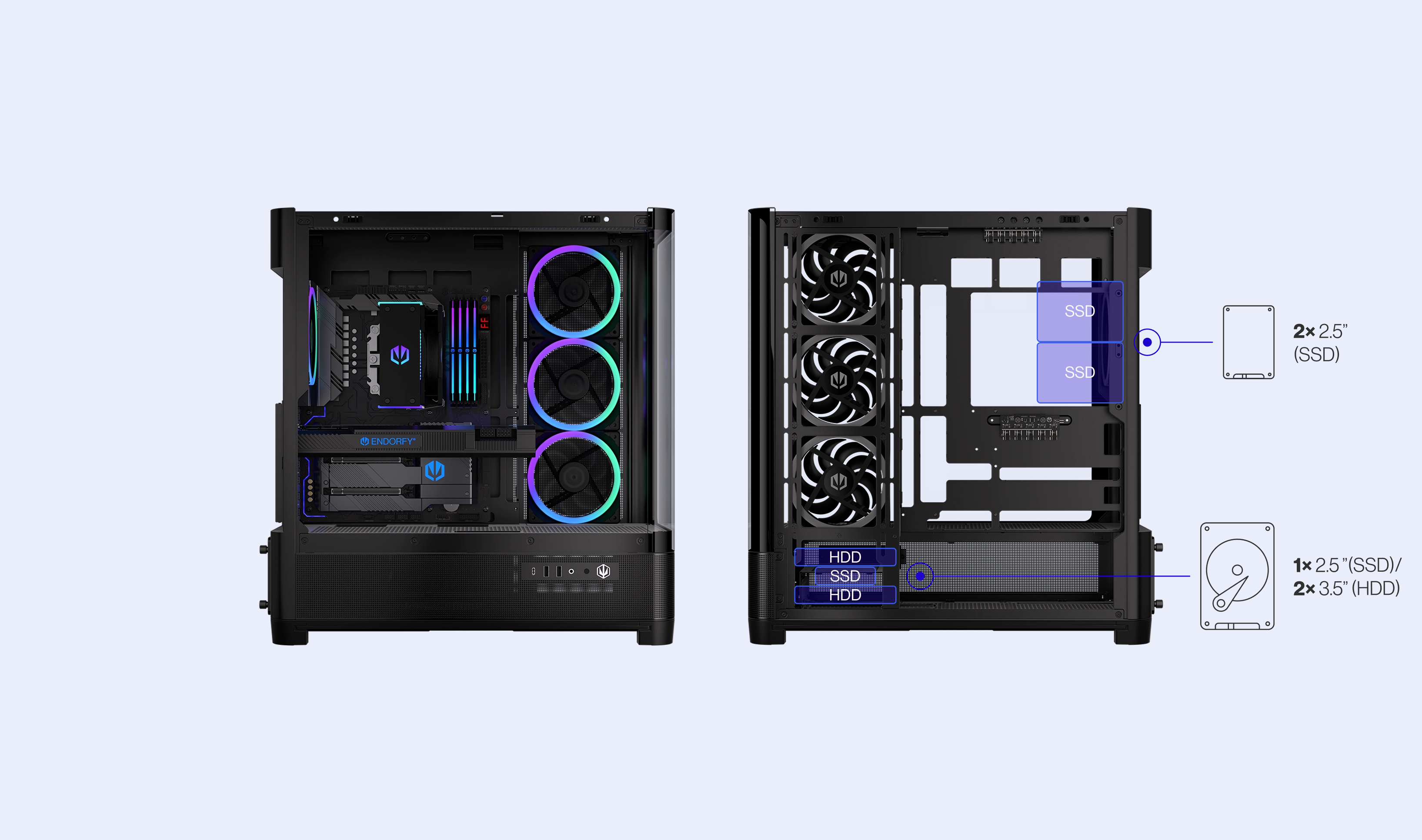 ENDORFY Aquarius 8000 Corona EY2A021 PC Case Side View Removed Panel Compatibility Icons Max Dimensions Config Drives
