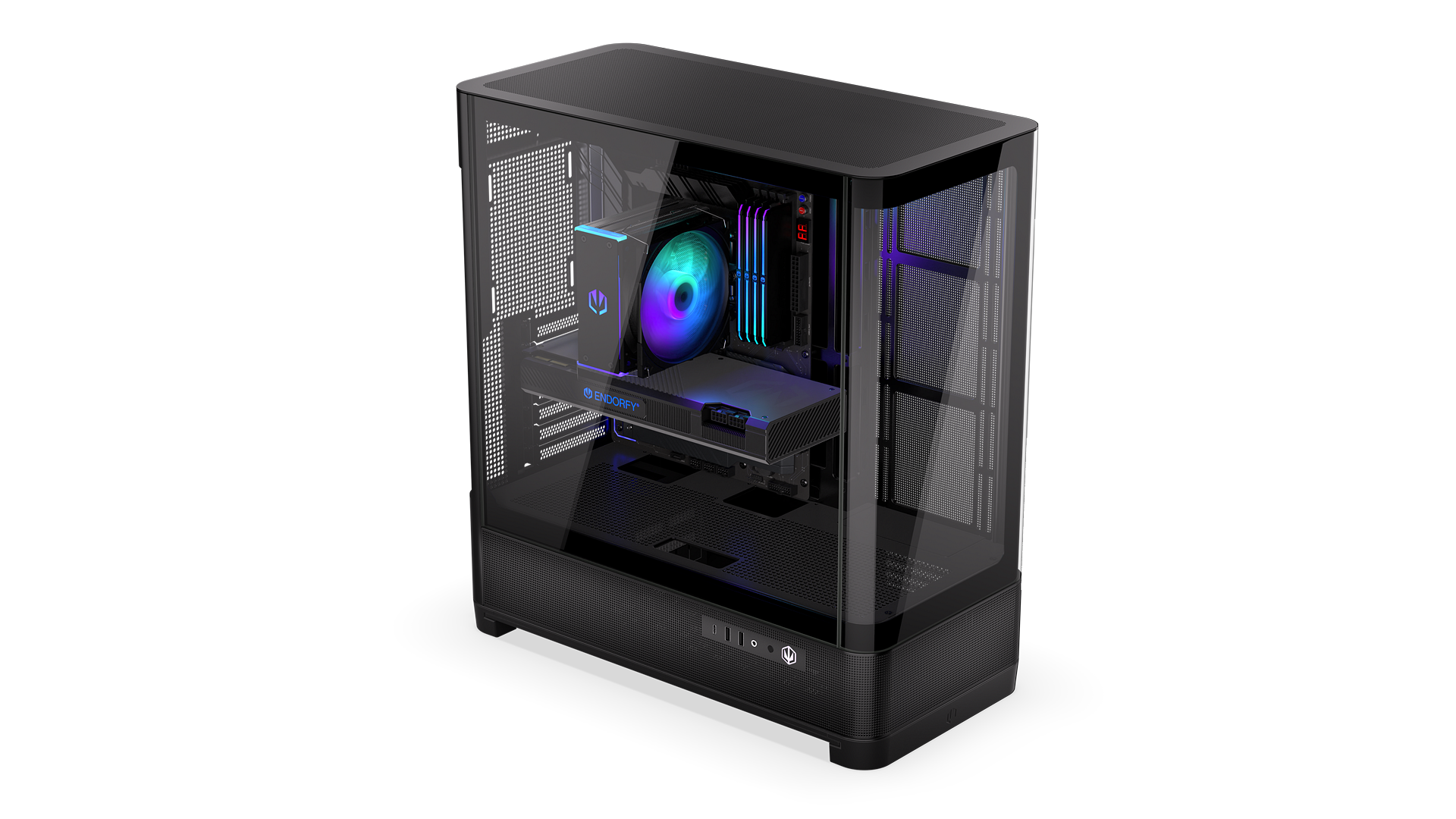 ENDORFY Aquarius 8000 Flex EY2A022-PC Case Front Left View Side I/O Panel Interior With Visible Cooling ARGB