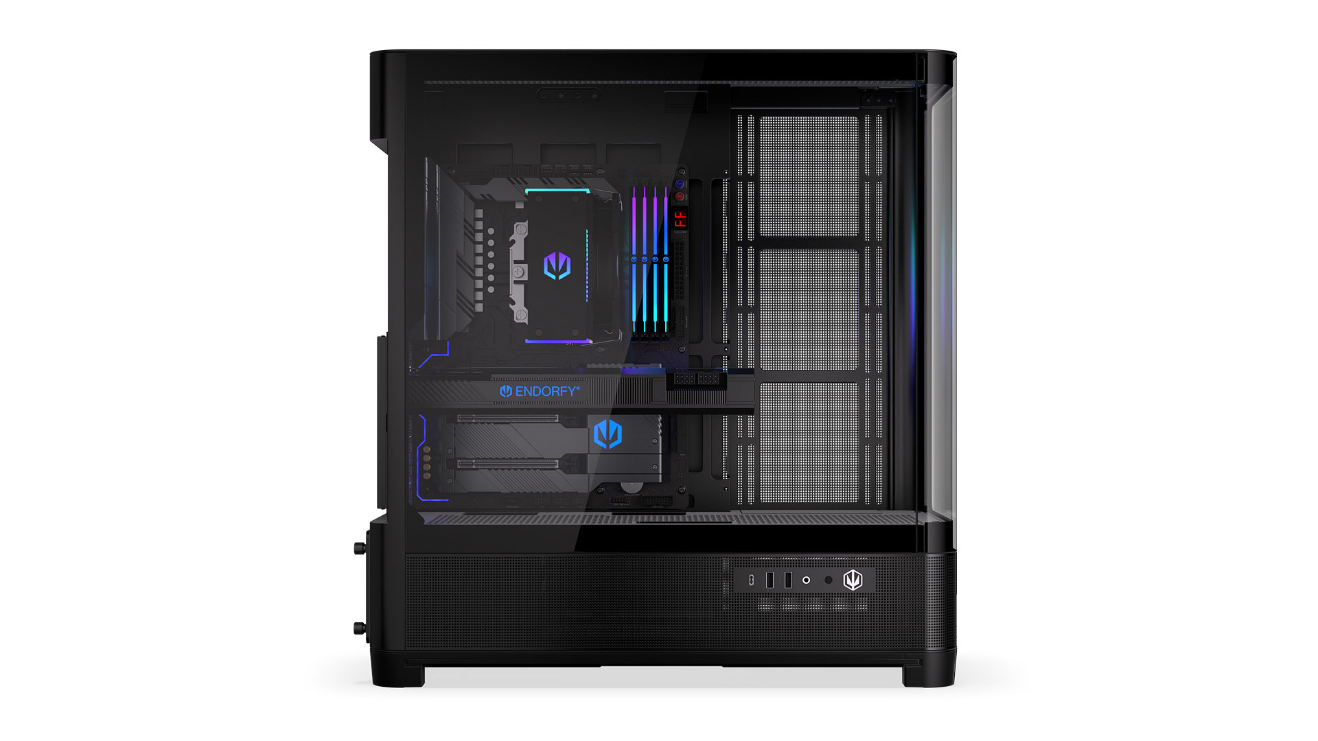 ENDORFY Aquarius 8000 Flex EY2A022-PC Case Left View Glass Panel Visible Illuminated Components ARGB Logo Inscription ENDORFY
