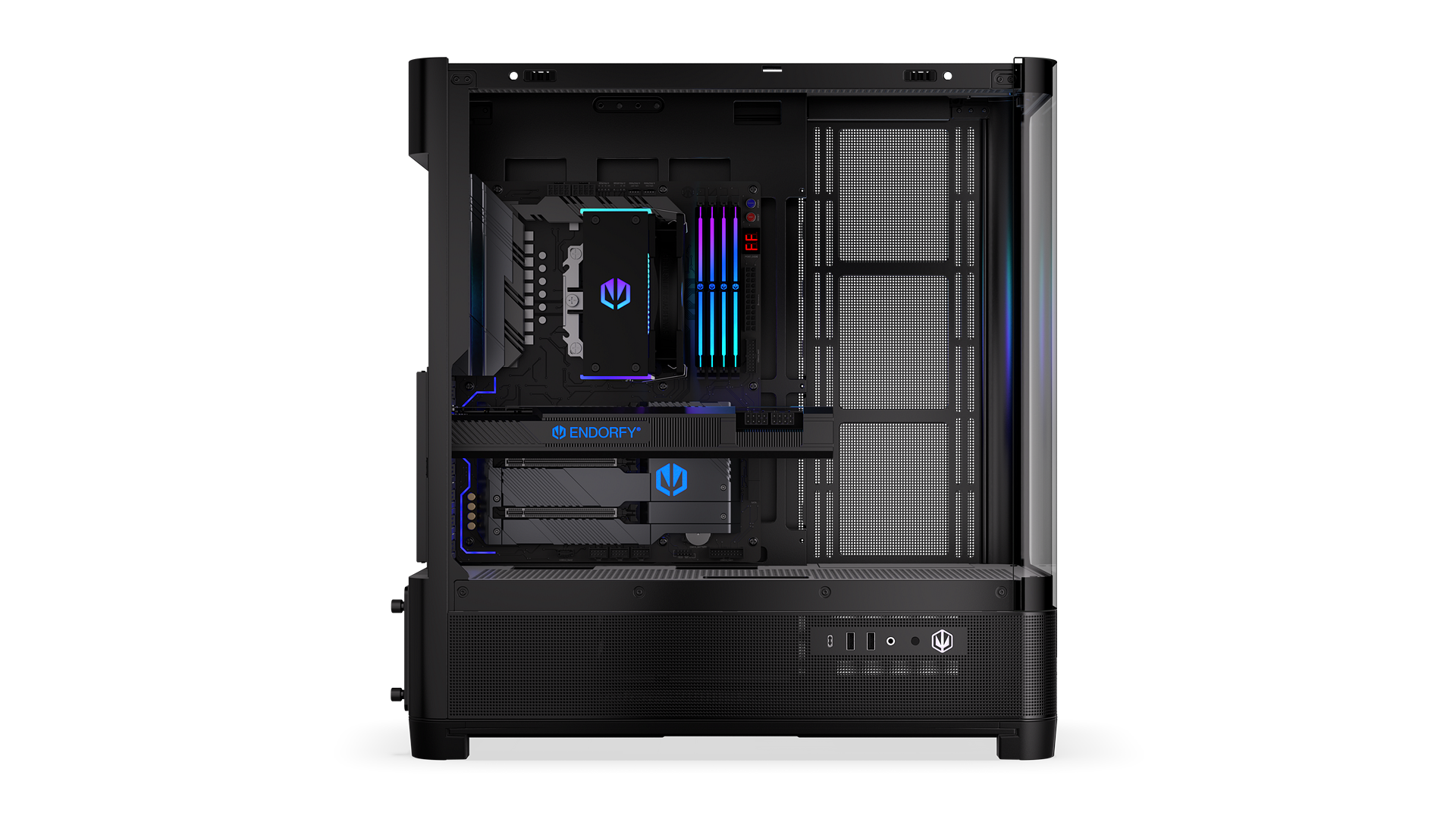 ENDORFY Aquarius 8000-Flex EY2A022-PC Case Left View Removed Panel Components ARGB Inside I/O Panel