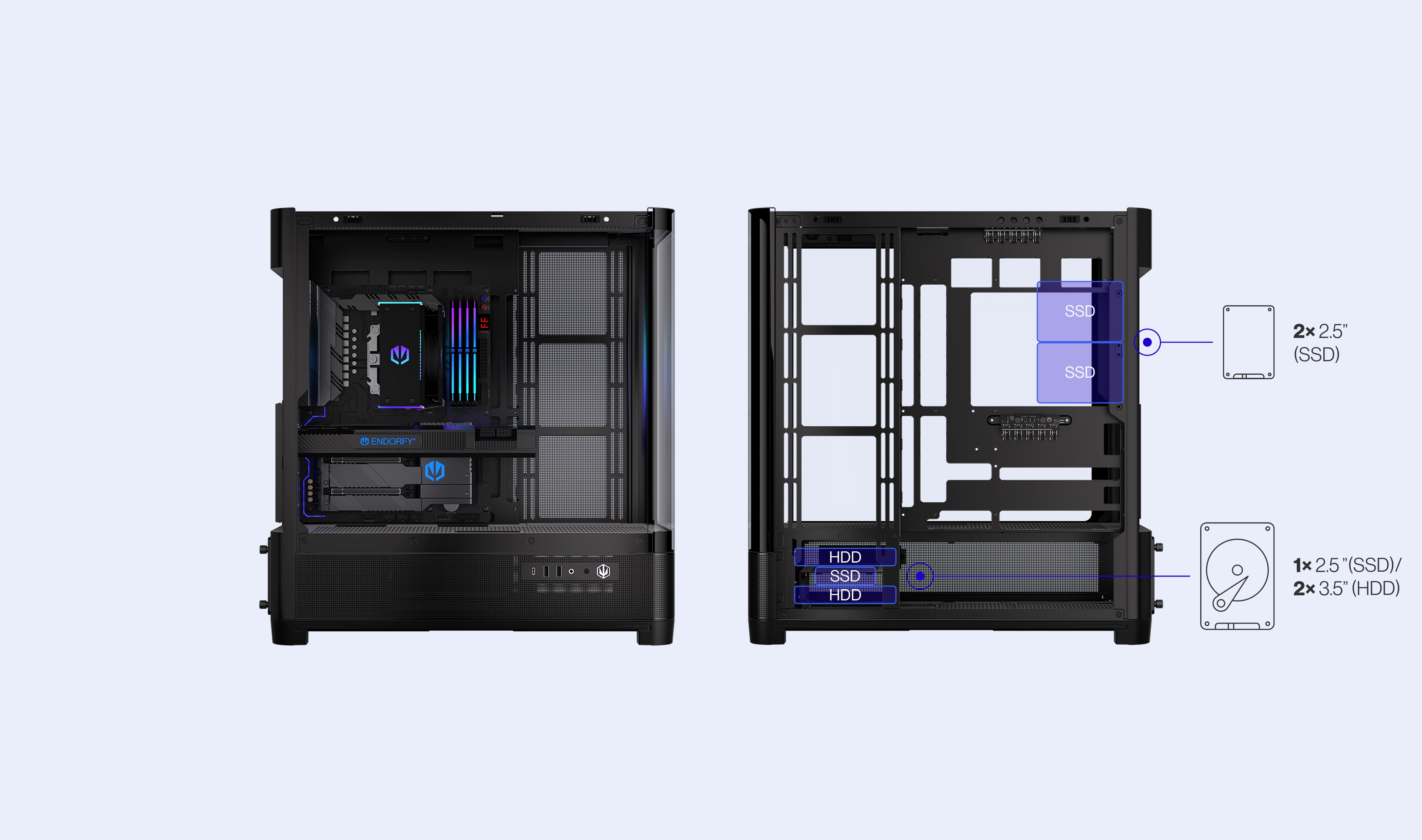 ENDORFY Aquarius 8000 Flex EY2A022 PC Case Side View Removed Panel Compatibility Icons Max Dimensions Config Drives

