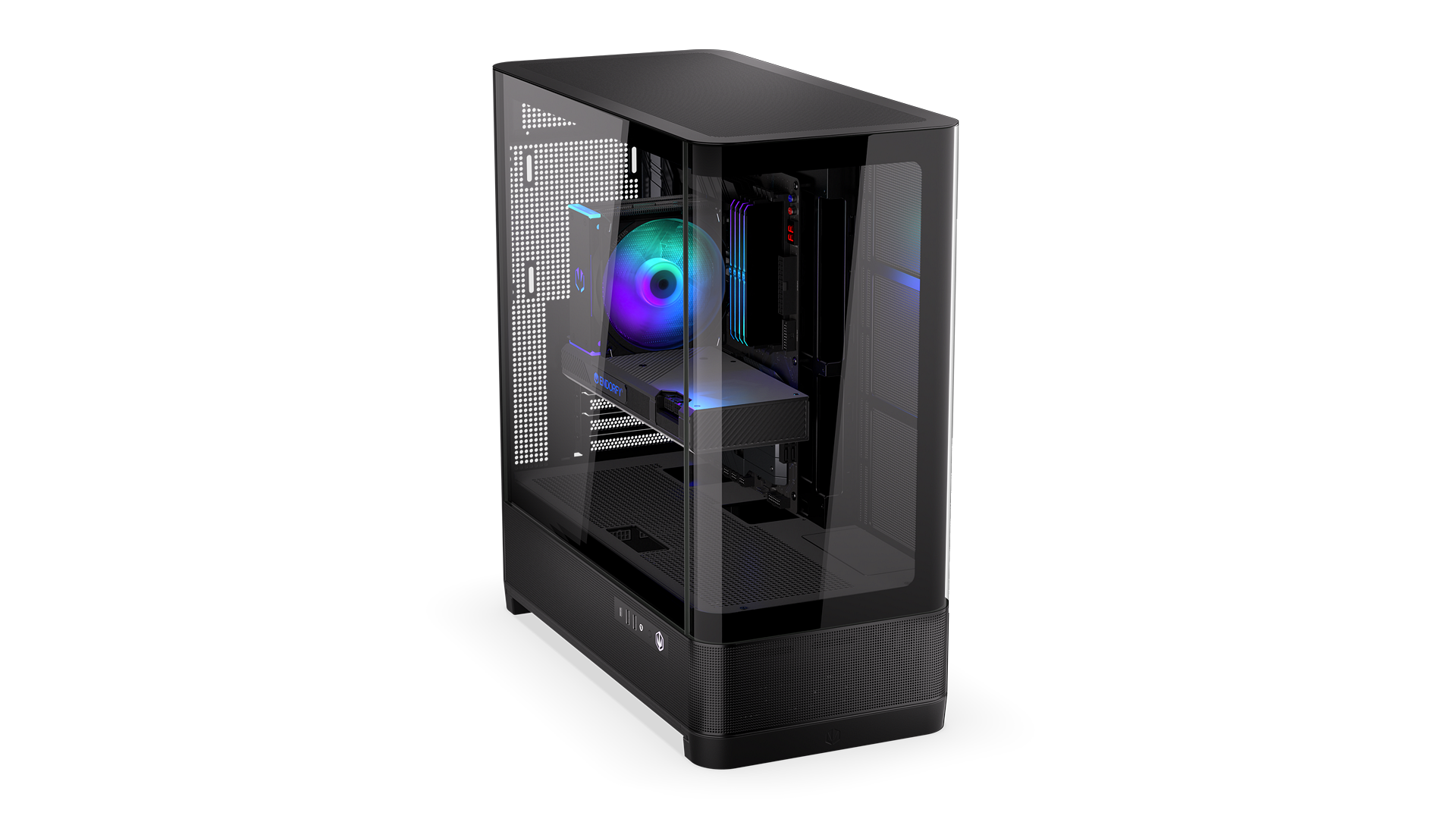 ENDORFY Aquarius 8000 Flex EY2A022-PC Case Top Front Left View Glass Panel Inside Cooling ARGB