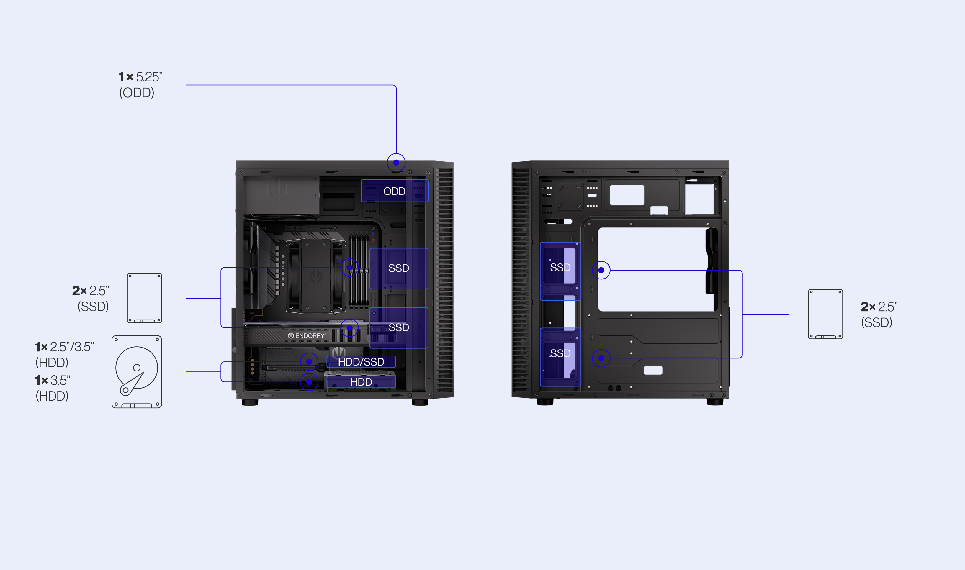 ENDORFY Armis 100 Solid EY2A015 PC Case PC Case Left View Removed Panel Empty Inside Icons Config Storage Compatibility