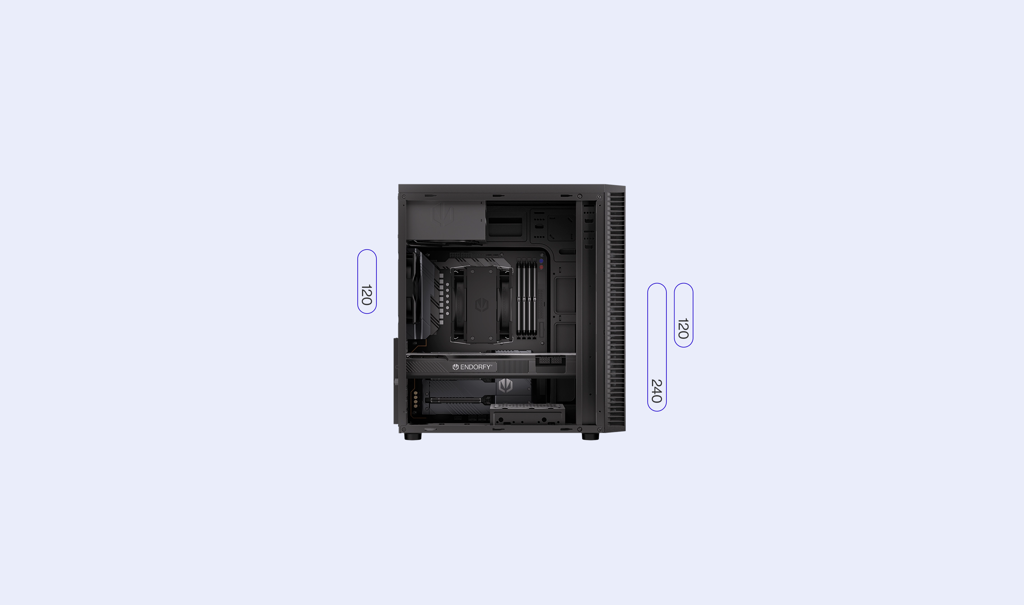 ENDORFY Armis 100 Solid EY2A015 PC Case Left View Removed Panel Icons Compatibility Dimensions Config Radiators