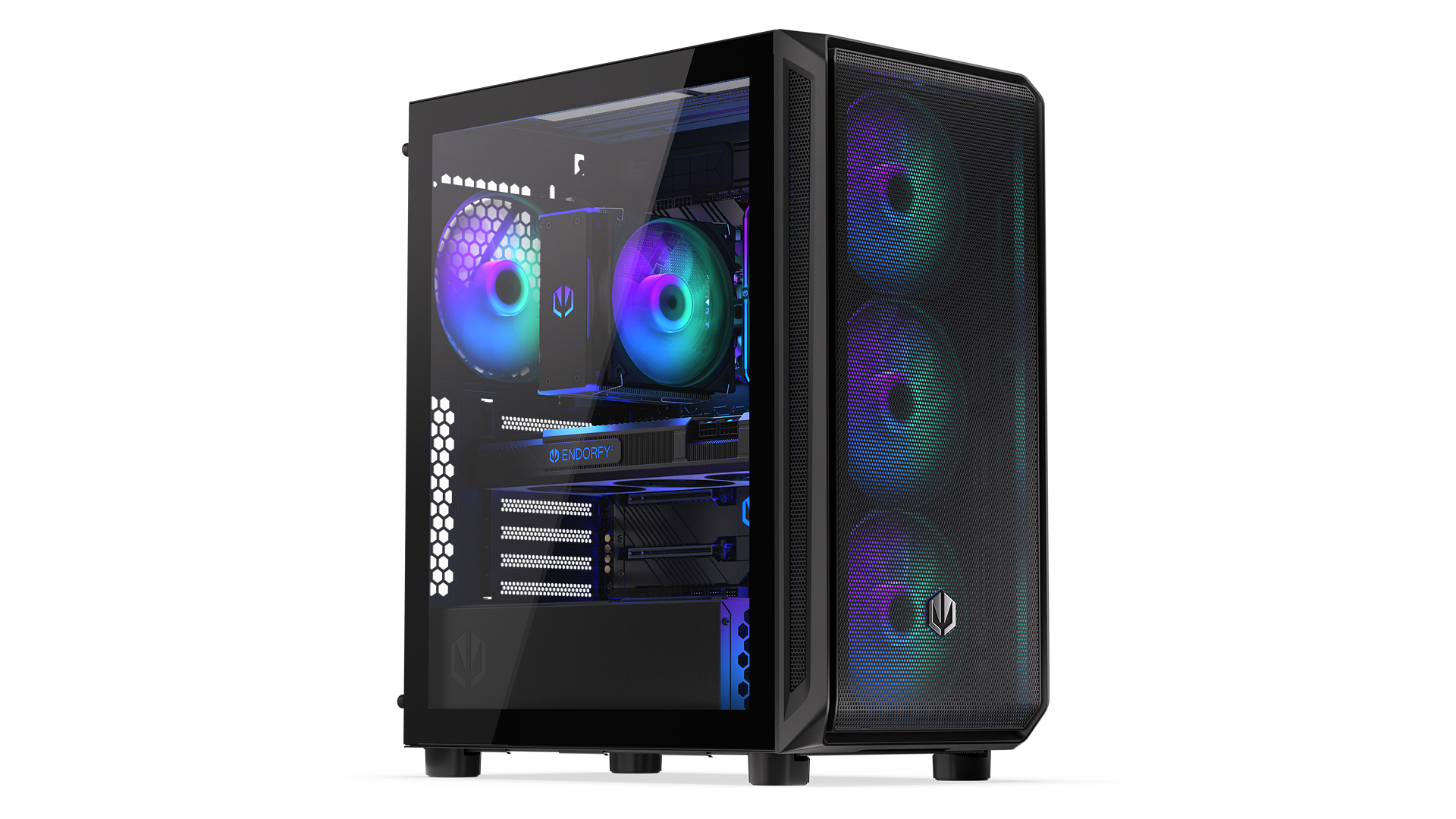 ENDORFY Arx 500 ARGB EY2A011-PC Case Front Left View Glass Side Panel Fans Components ARGB