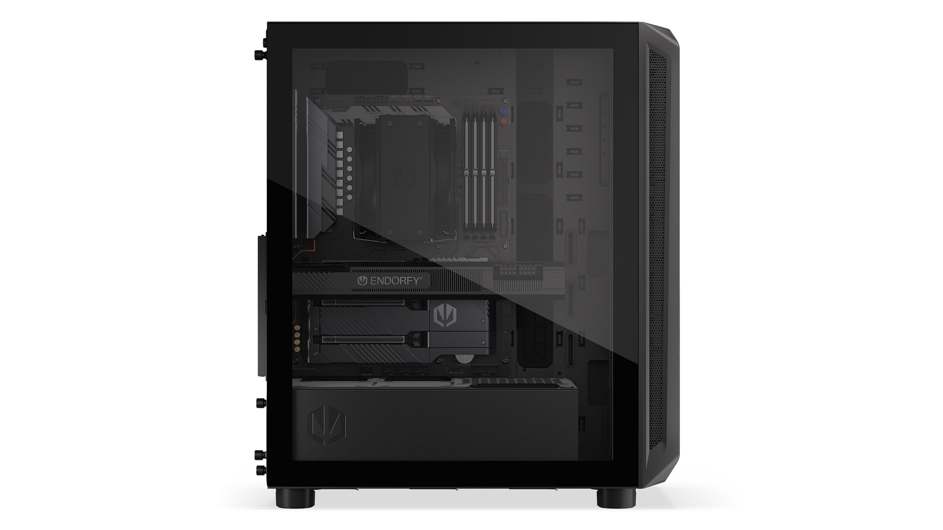 ENDORFY Arx 500 Air EY2A010-PC Case Left View Glass Panel Visible Components Logo Inscription ENDORFY 