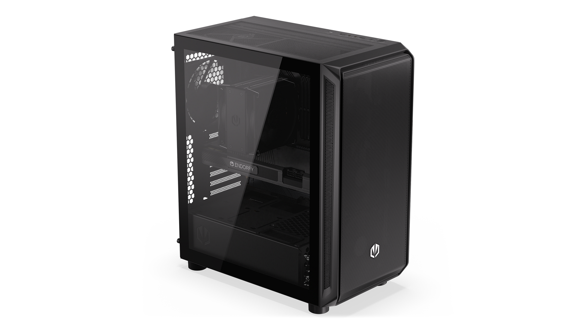 ENDORFY Arx 500 Air EY2A010-PC Case Top Front Left View Glass Panel Inside Components