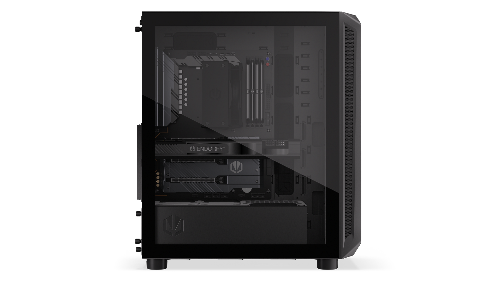 ENDORFY Arx 500 Core EY2A016-PC Case Left View Glass Panel Inside Components Logo Inscription ENDORFY
