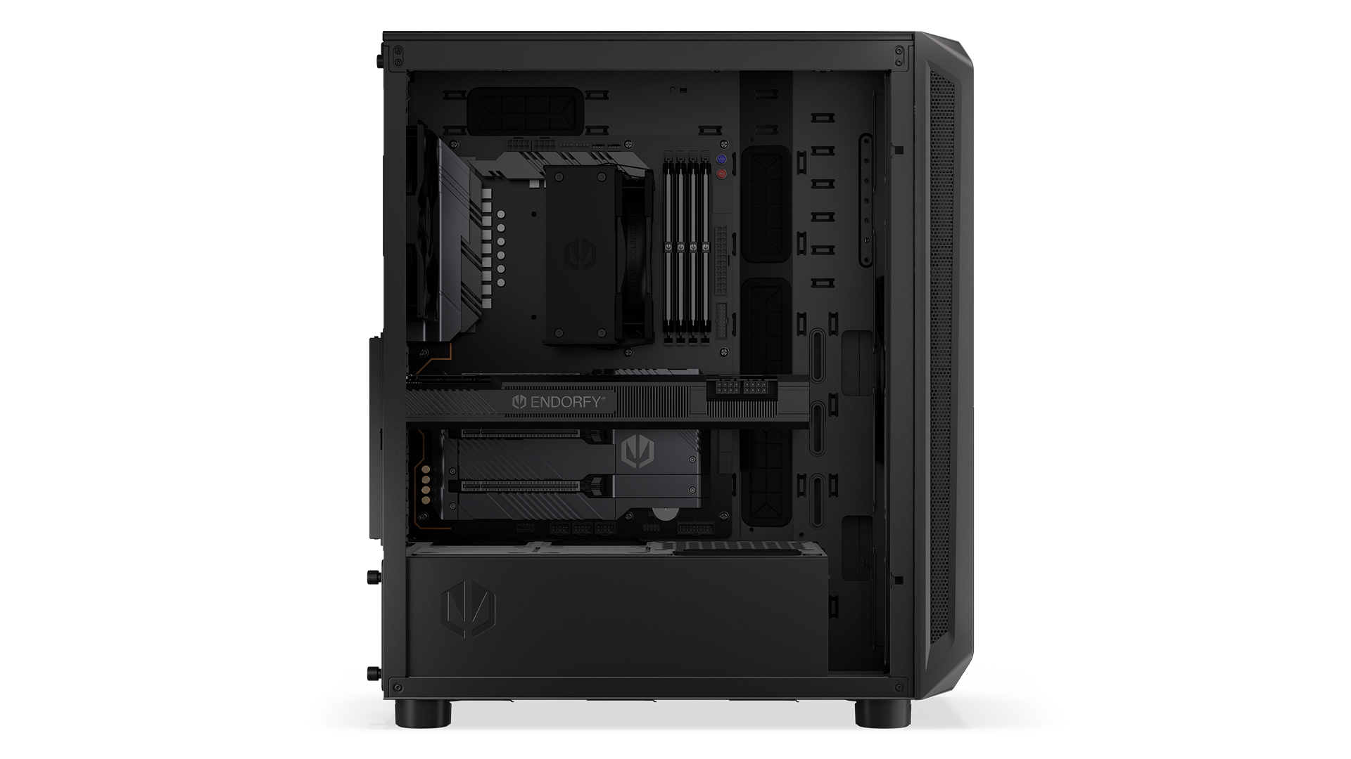 ENDORFY Arx 500 Core EY2A016-PC Case Left View Without Glass Panel Inside Components Logo Inscription ENDORFY