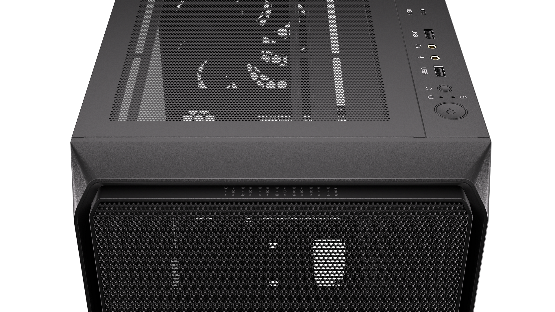 ENDORFY Arx 500 Core EY2A016 PC-Case Top View Black IO Panel With USB C 3.2 Gen 2 Port USB A Ports Audio Jacks