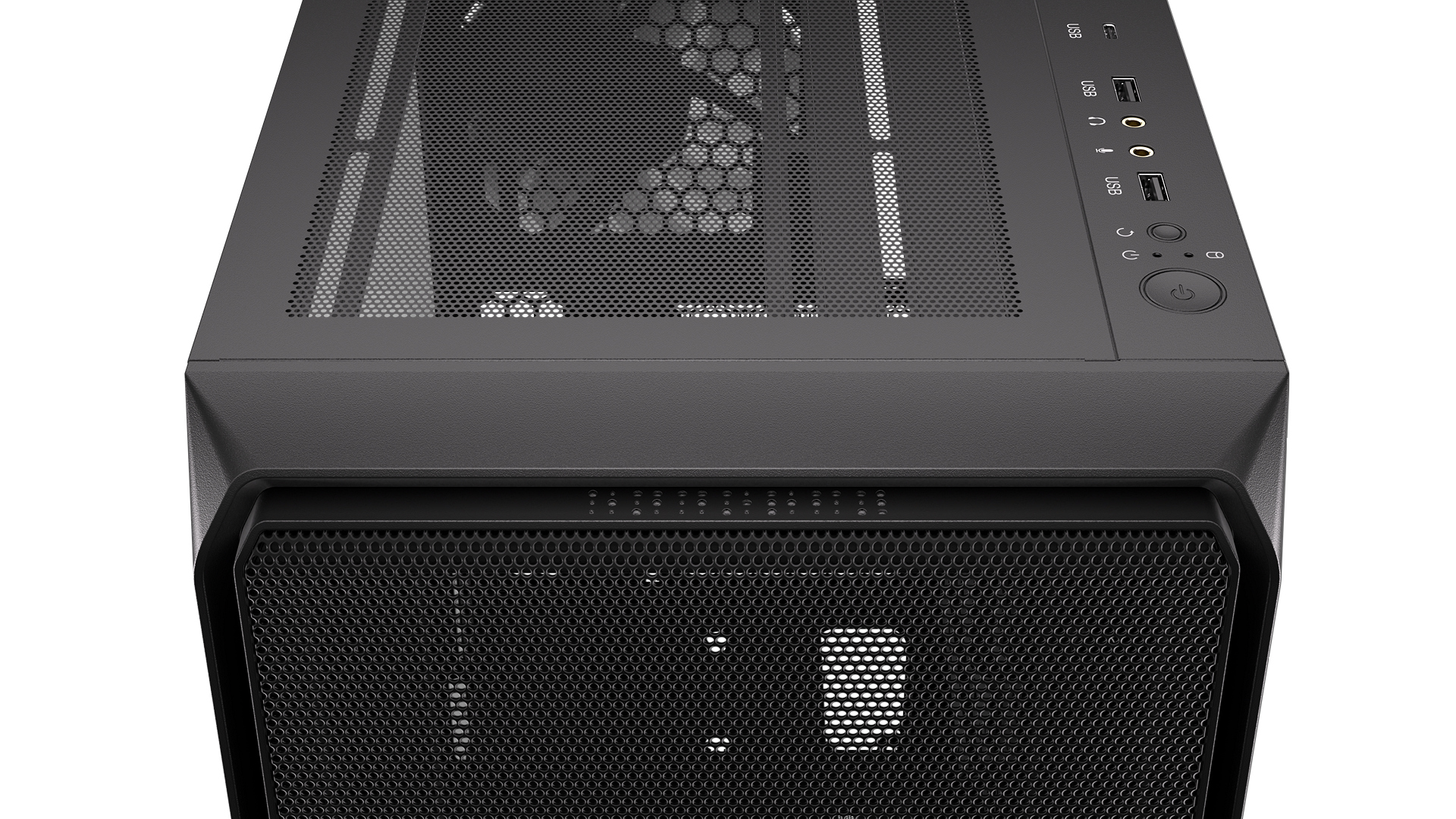 ENDORFY Arx 500 Core EY2A016-PC Case Top View IO Panel With USB C 3.2 Gen 2 Port USB A Ports Audio Jacks