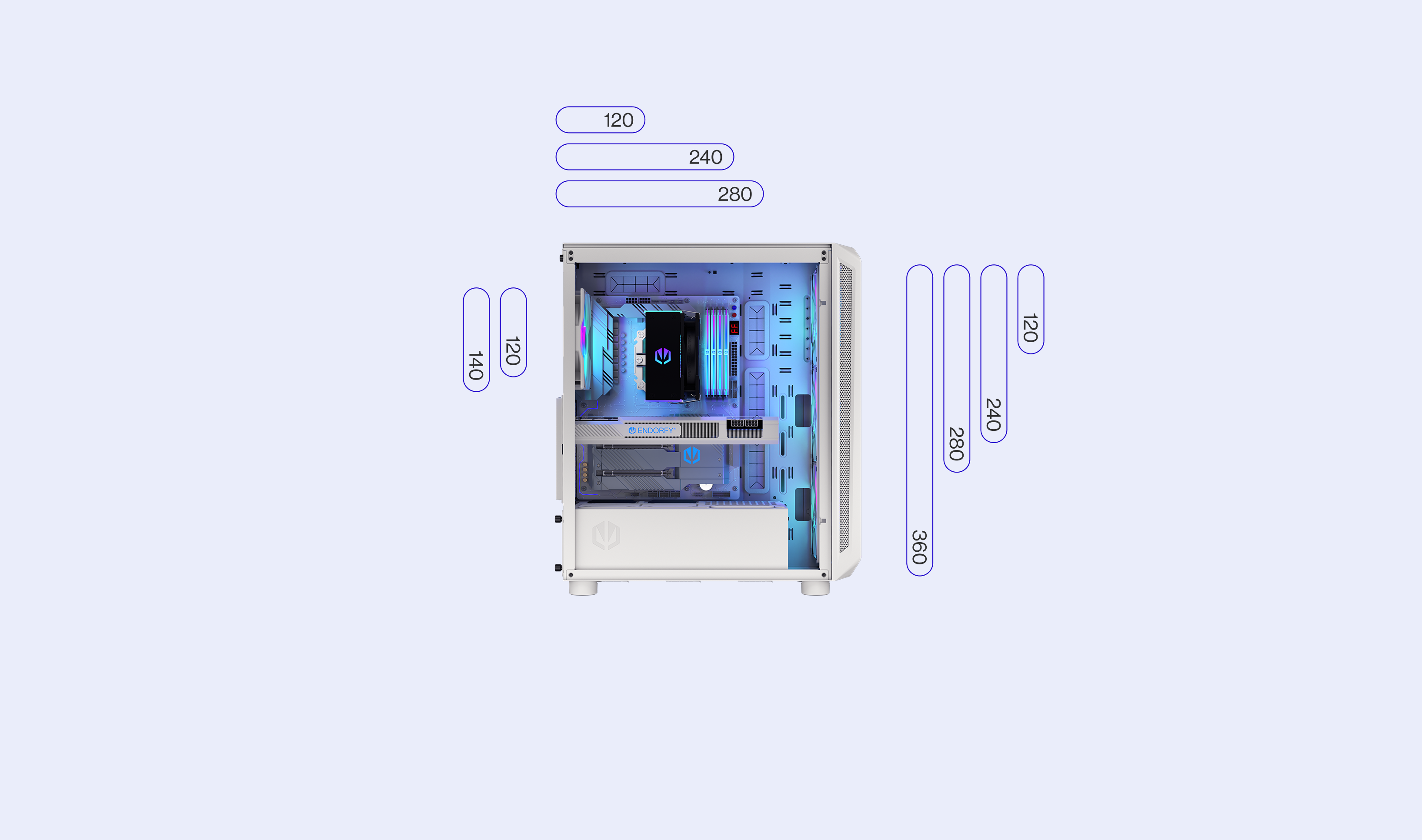 ENDORFY Arx 500 White ARGB EY2A018 PC Case Side View Removed Panel Compatibility Icons Max Dimensions Config Radiators