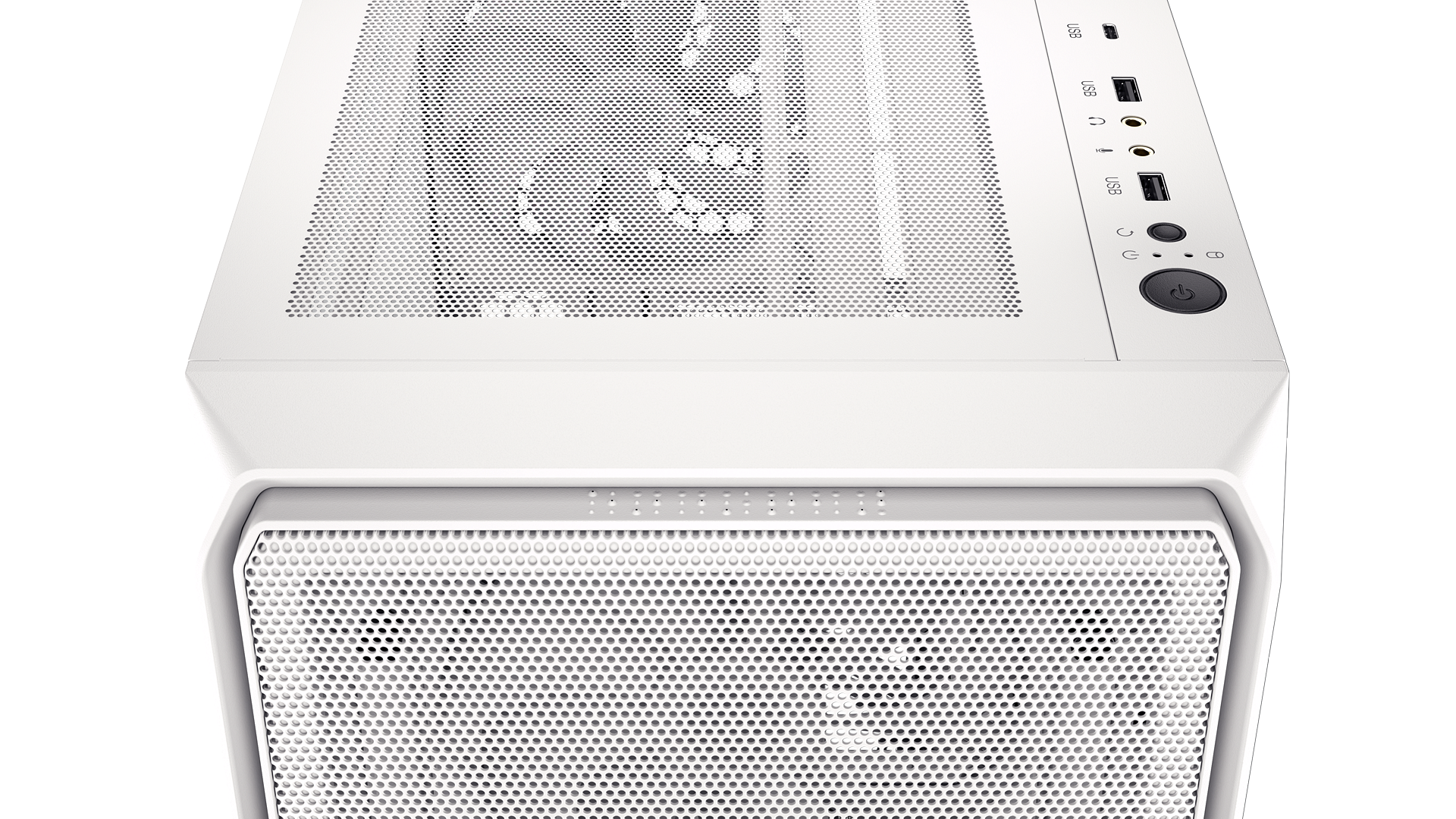 ENDORFY Arx 500 White ARGB EY2A018-PC Case Top View IO Panel With USB C 3.2 Gen 2 Port USB A Ports Audio Jacks
