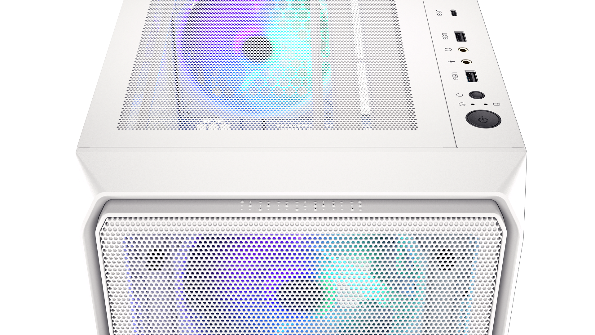 ENDORFY Arx 500 White ARGB EY2A018-PC Case Top View Illuminated Fan IO Panel With USB C 3.2 Gen 2 Port USB A Ports Audio Jacks