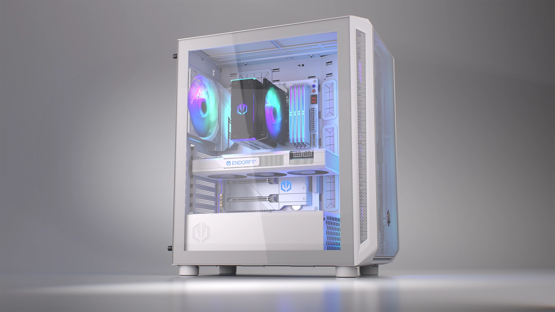 ENDORFY Arx 500 White ARGB EY2A018 features 03-PC Case Left View Glass Panel Inside Components Logo Inscription ENDORFY