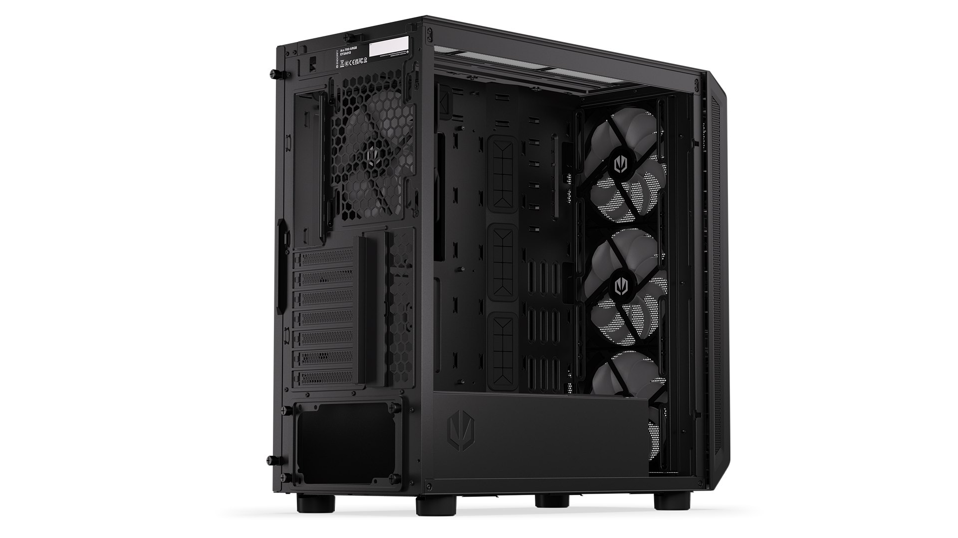 ENDORFY Arx 700 ARGB EY2A013-PC Case Left View Back Removed Glass Panel Inside Four Fans