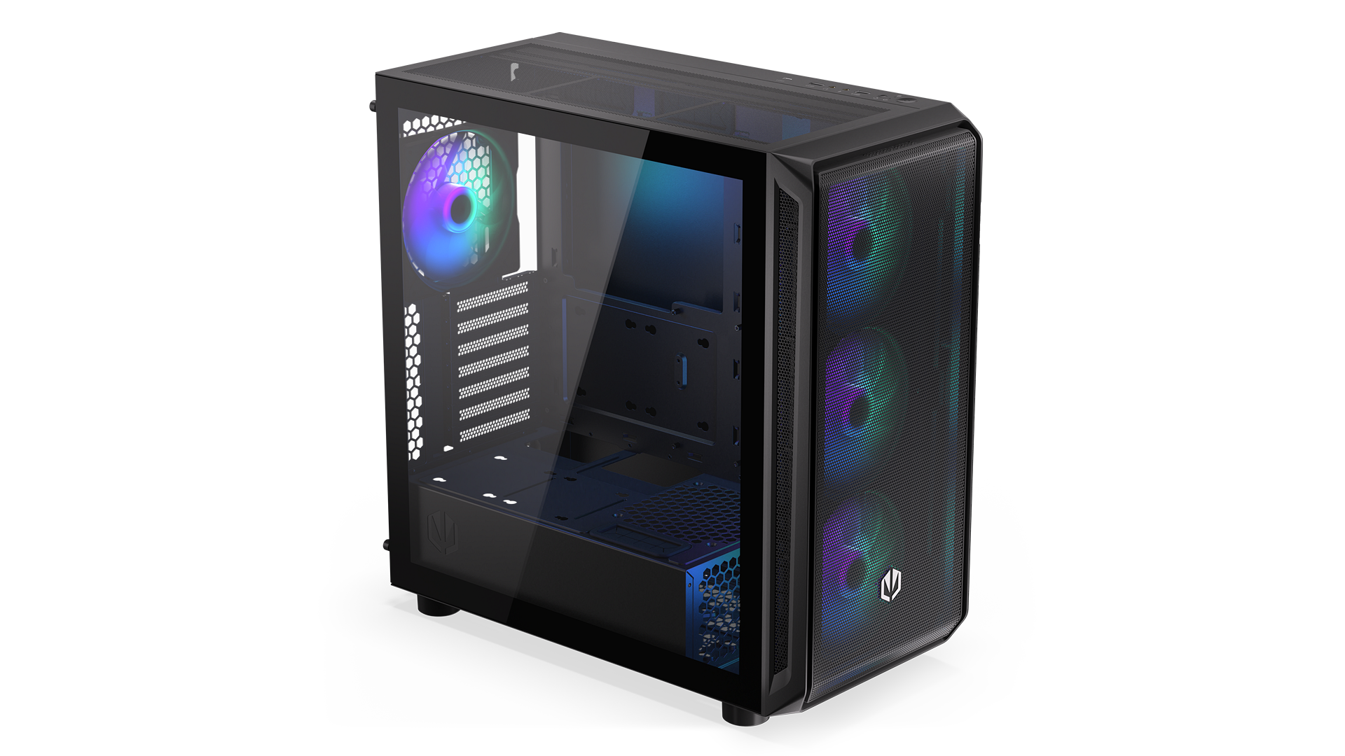 ENDORFY Arx 700 ARGB EY2A013-PC Case Left View Glass Panel Inside Black Four Fans ARGB