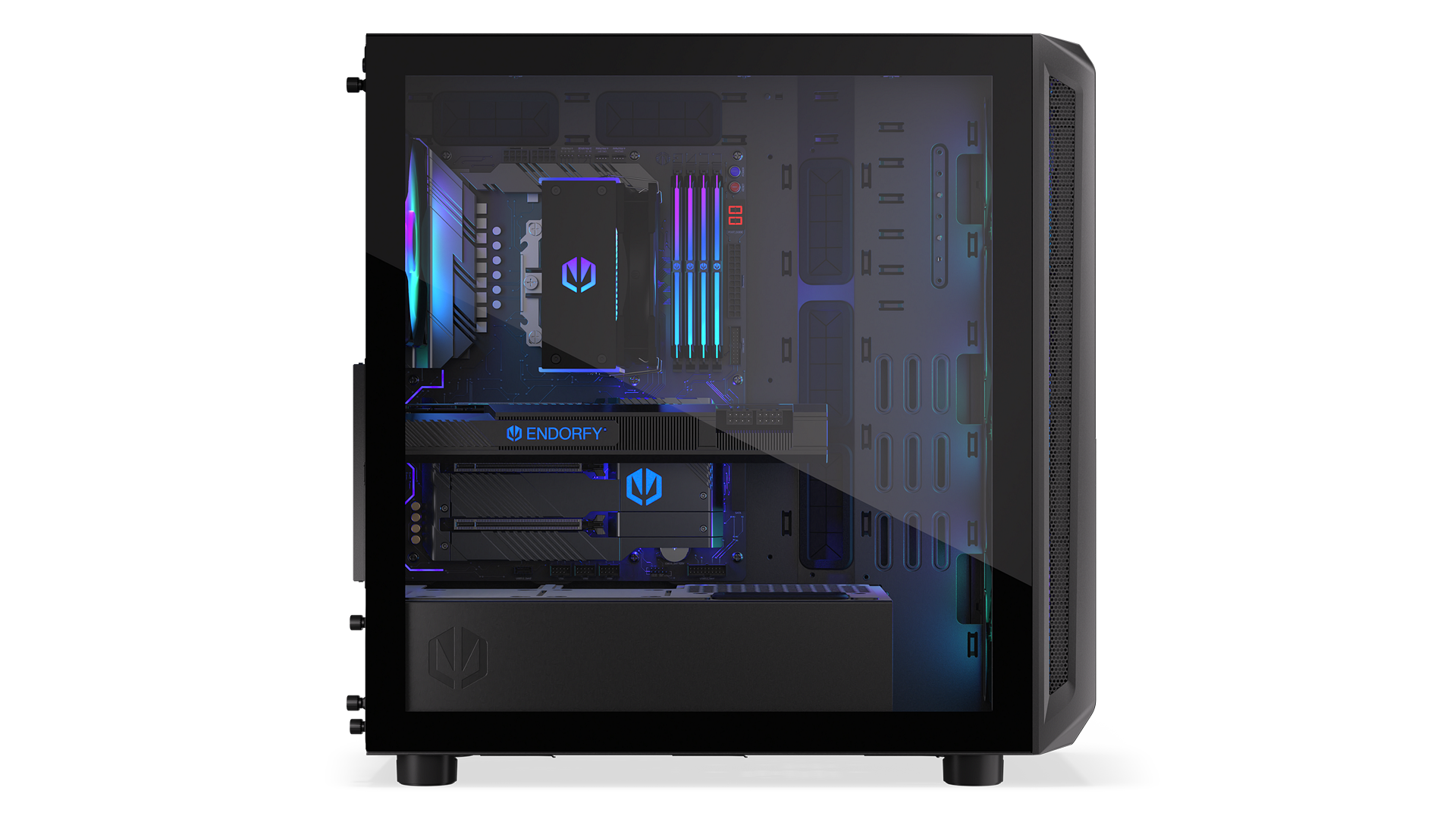 ENDORFY Arx 700 ARGB EY2A013 -PC Case Left View Glass Panel Inside Components Logo Inscription ENDORFY ARGB