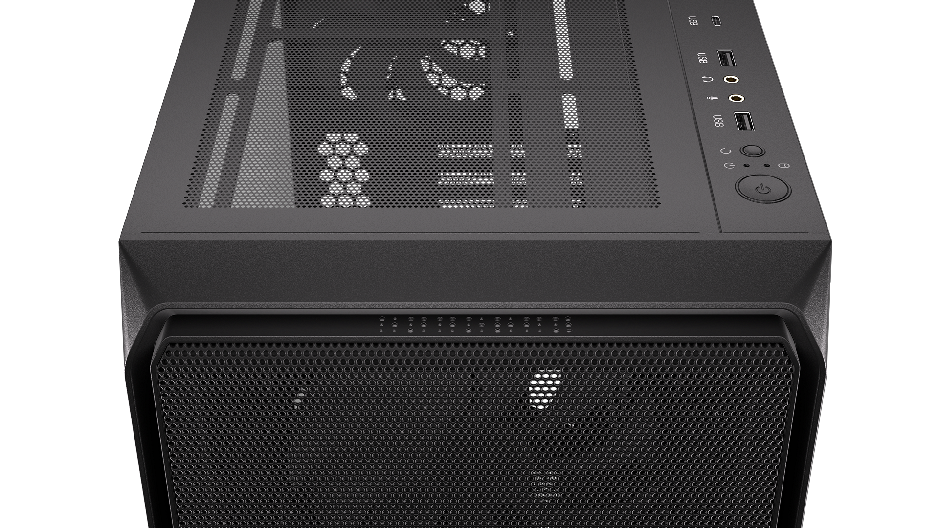 ENDORFY Arx 700 ARGB EY2A013 -PC Case Top View IO Panel With USB C 3.2 Gen 2 Port USB A Ports Audio Jacks