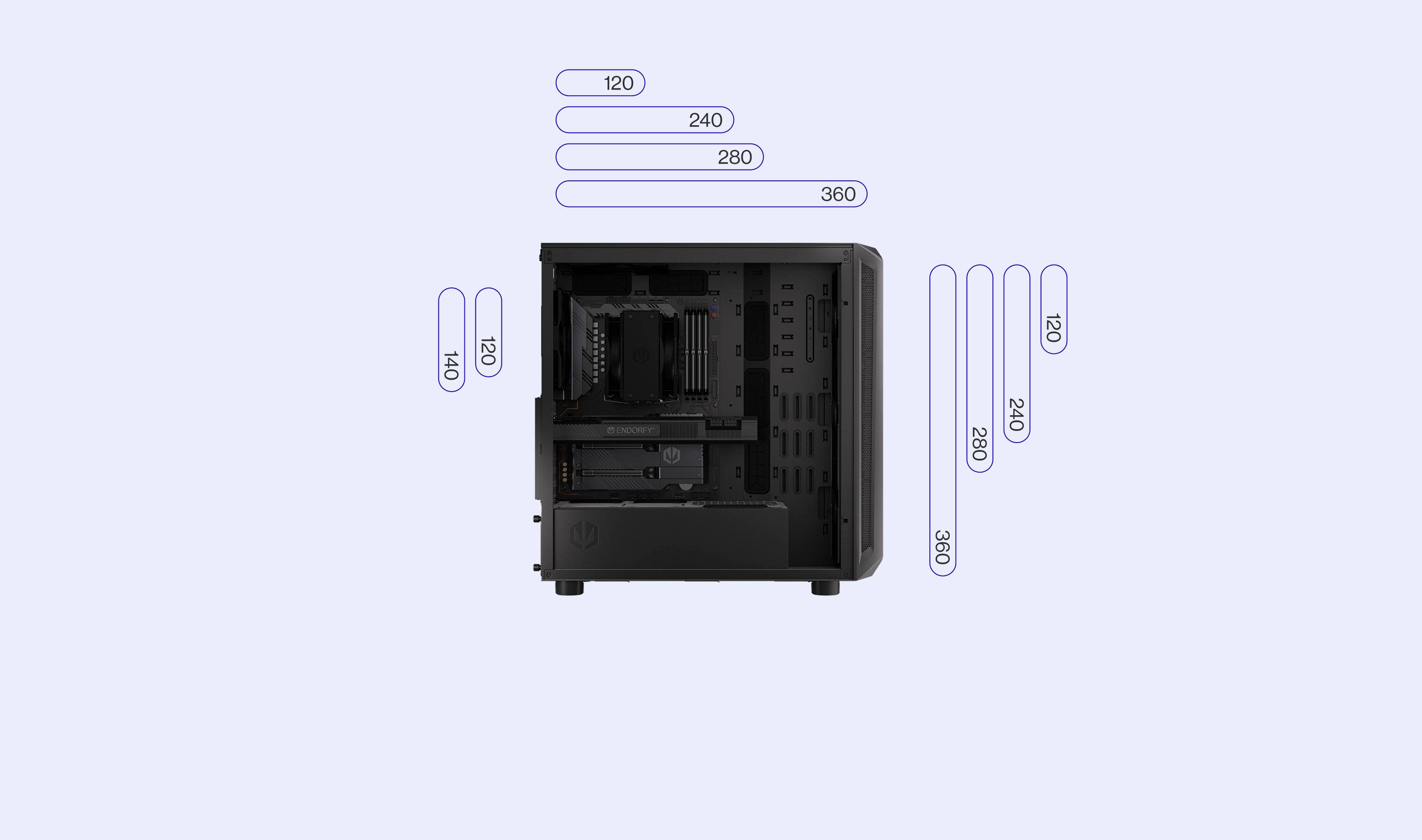 ENDORFY Arx 700 Air EY2A012 PC Case Left View Removed Panel Icons Compatibility Dimensions Config Radiators