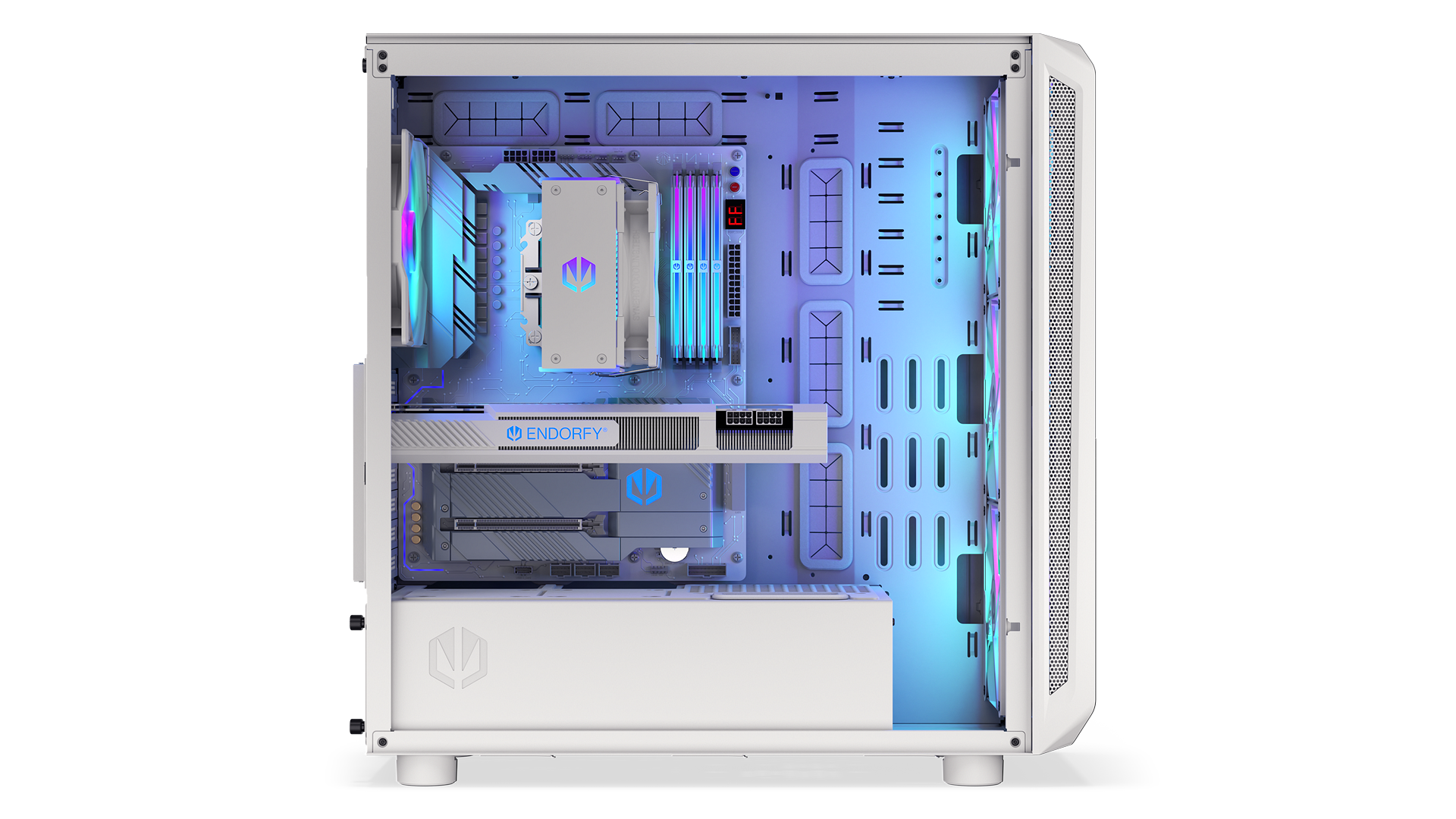 ENDORFY Arx 700 White ARGB EY2A017-PC Case Left View Glass Panel Darker Inside Components Logo Inscription ENDORFY ARGB