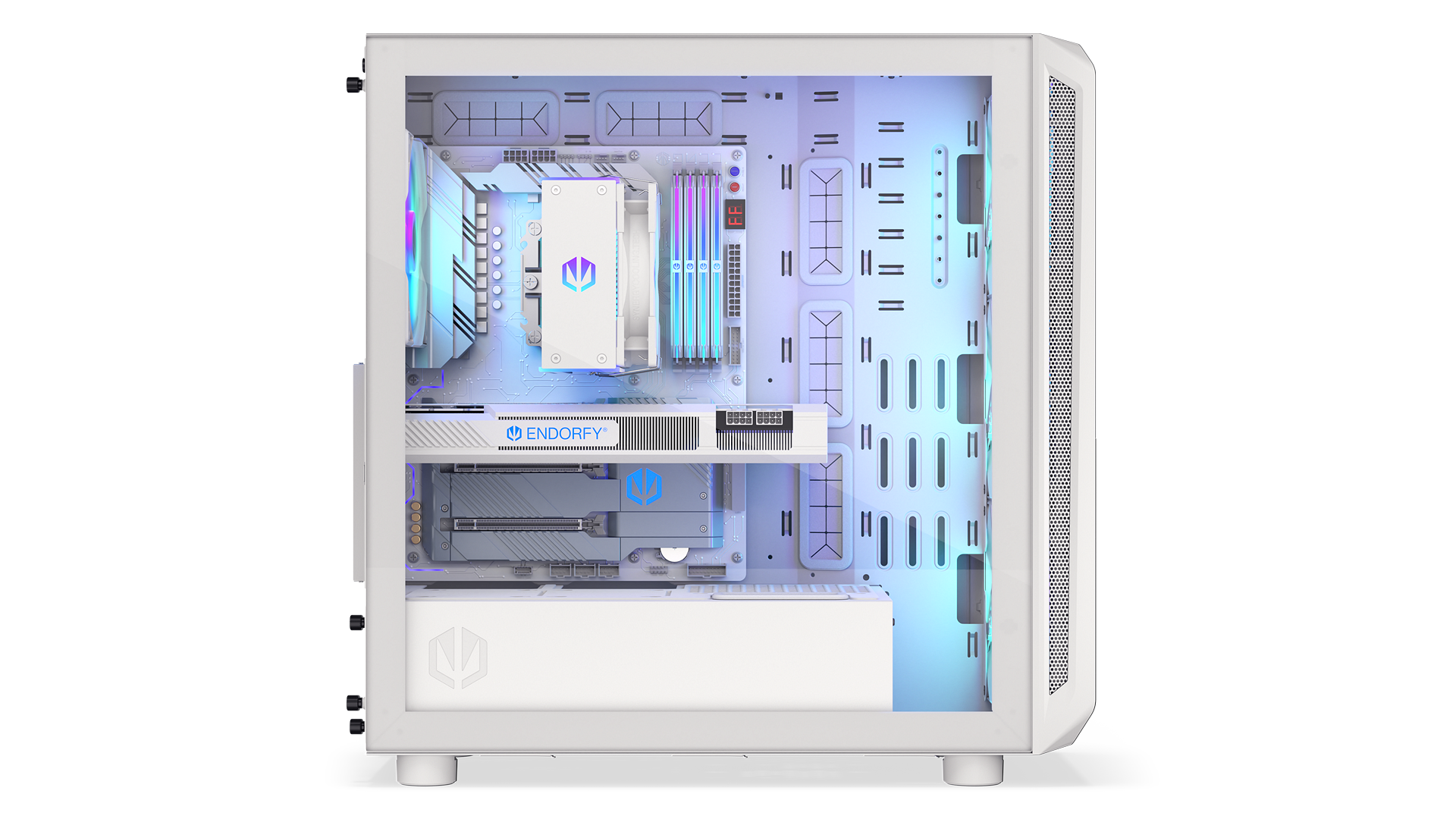 ENDORFY Arx 700 White ARGB EY2A017-PC Case Left View Glass Panel Inside Components Logo Inscription ENDORFY ARGB