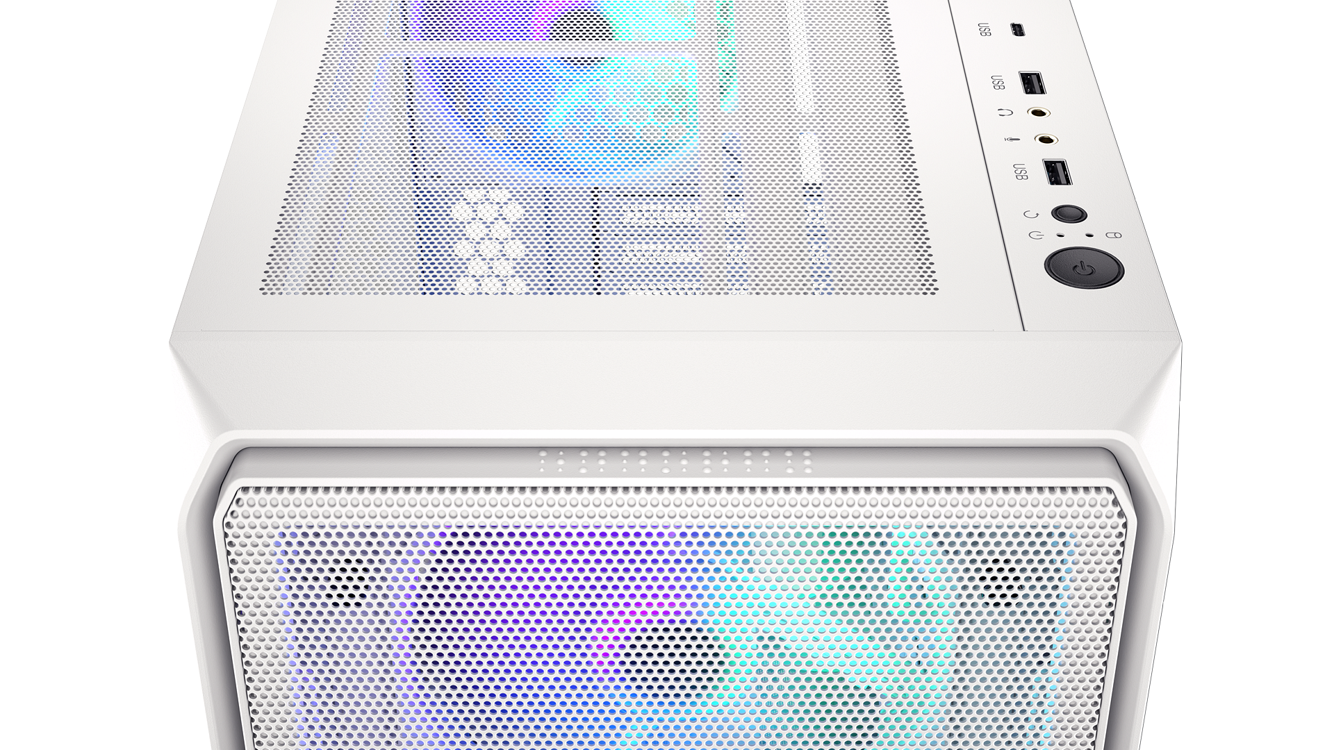 ENDORFY Arx 700 White ARGB EY2A017-PC Case Top View Fans ARGB IO Panel With USB C 3.2 Gen 2 Port USB A Ports Audio Jacks
