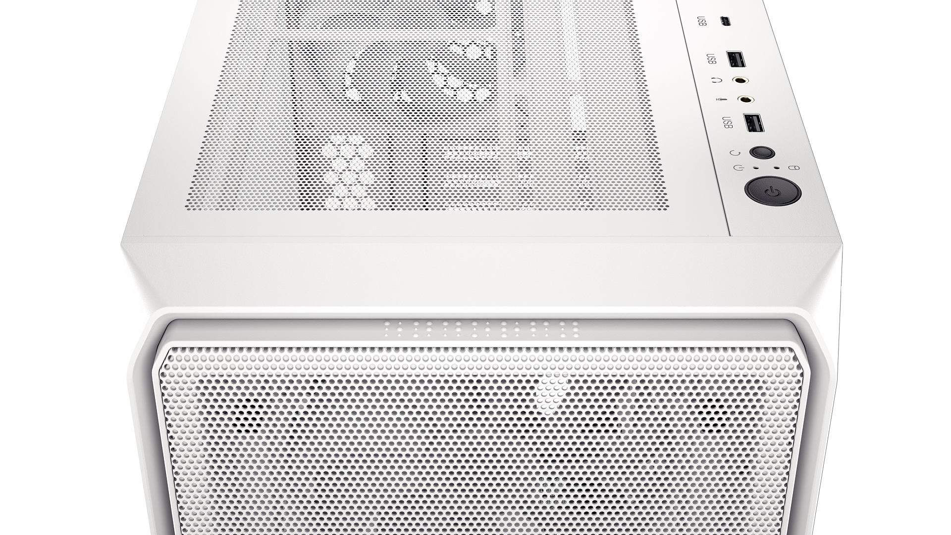 ENDORFY Arx 700 White ARGB EY2A017-PC Case Top View IO Panel With USB C 3.2 Gen 2 Port USB A Ports Audio Jacks