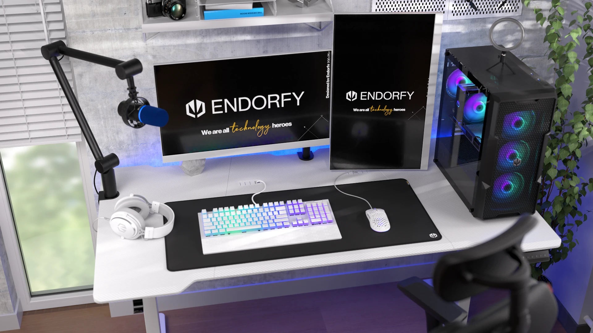 Uchwyt do dwóch monitorów ENDORFY Atlas Double z systemem zarządzania kablami. 