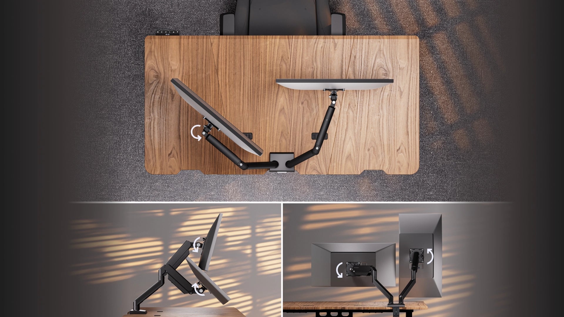 Regulacje pivot, swivel i tilt w uchwycie ENDORFY Atlas GS Double – widok z góry i z boku 