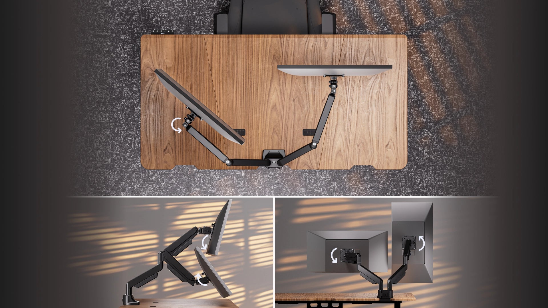 Regulacje pivot, swivel i tilt w uchwycie ENDORFY Atlas GS Pro Double – widok z góry i z boku 