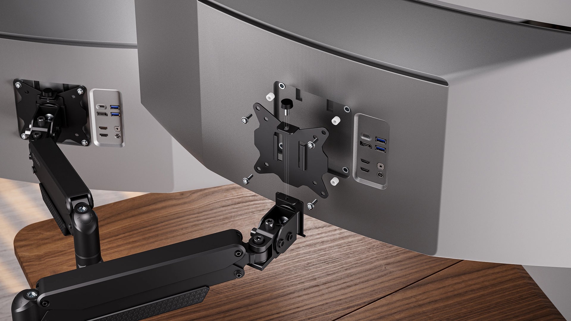Uchwyt ENDORFY Atlas GS Pro Double z pokazaną osobno na jednym z dwóch monitorów zdejmowalną płytką VESA z dystansami - widok na tył monitora 