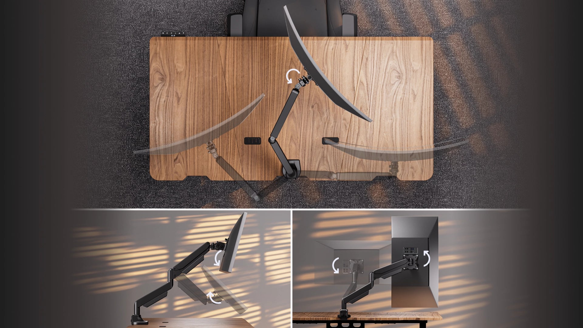 Regulacje pivot, swivel i tilt w uchwycie ENDORFY Atlas GS Pro Single – widok z góry i z boku 