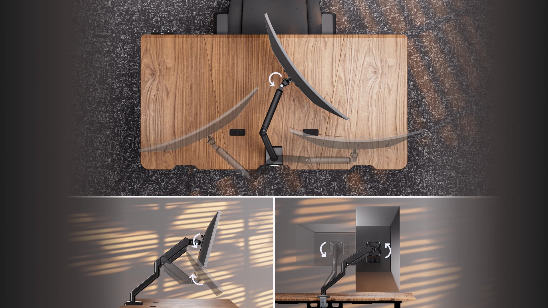 Regulacje pivot, swivel i tilt w uchwycie ENDORFY Atlas GS Single – widok z góry i z boku 