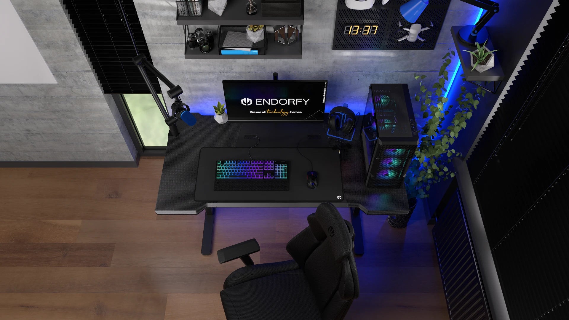 ENDORFY Atlas L EY8E003 Desk Top View mComputer mSet With mProducts On Desk Next To an Armchair
