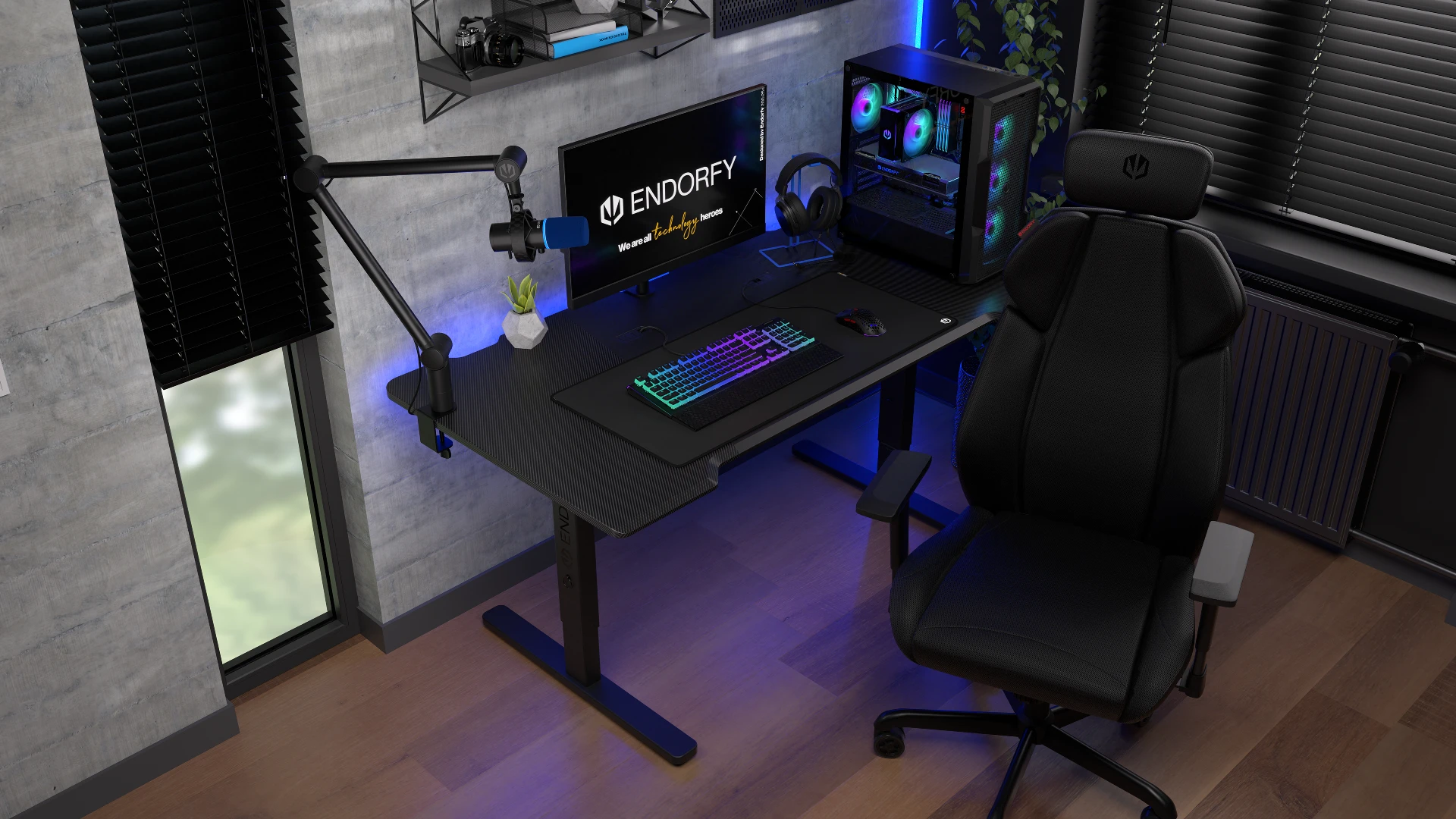 ENDORFY Atlas L EY8E003-Desk Left View Computer Set With Products On Desk Next To An Armchair
