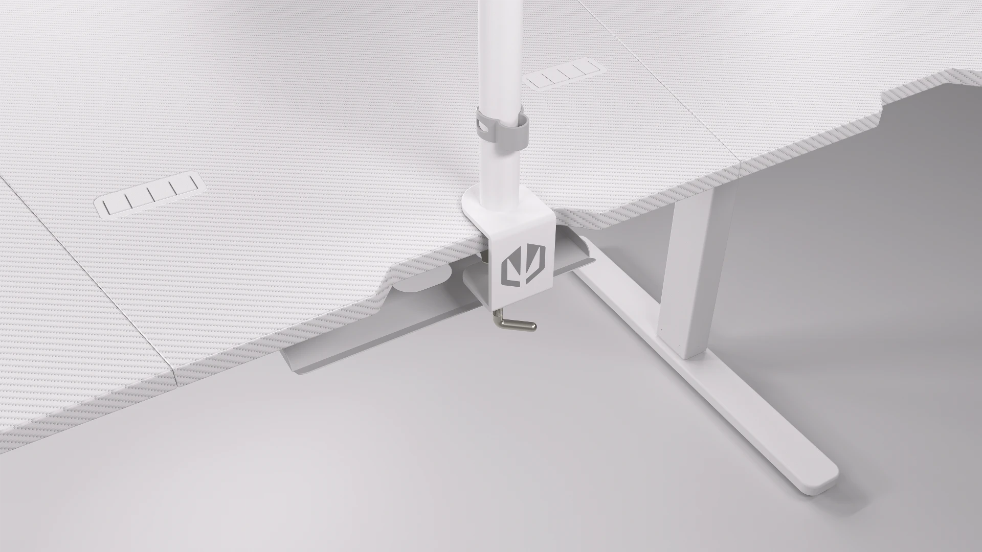 Profilowany tył biurka ENDORFY Atlas L Electric Onyx White z widoczną półką na listwę zasilającą