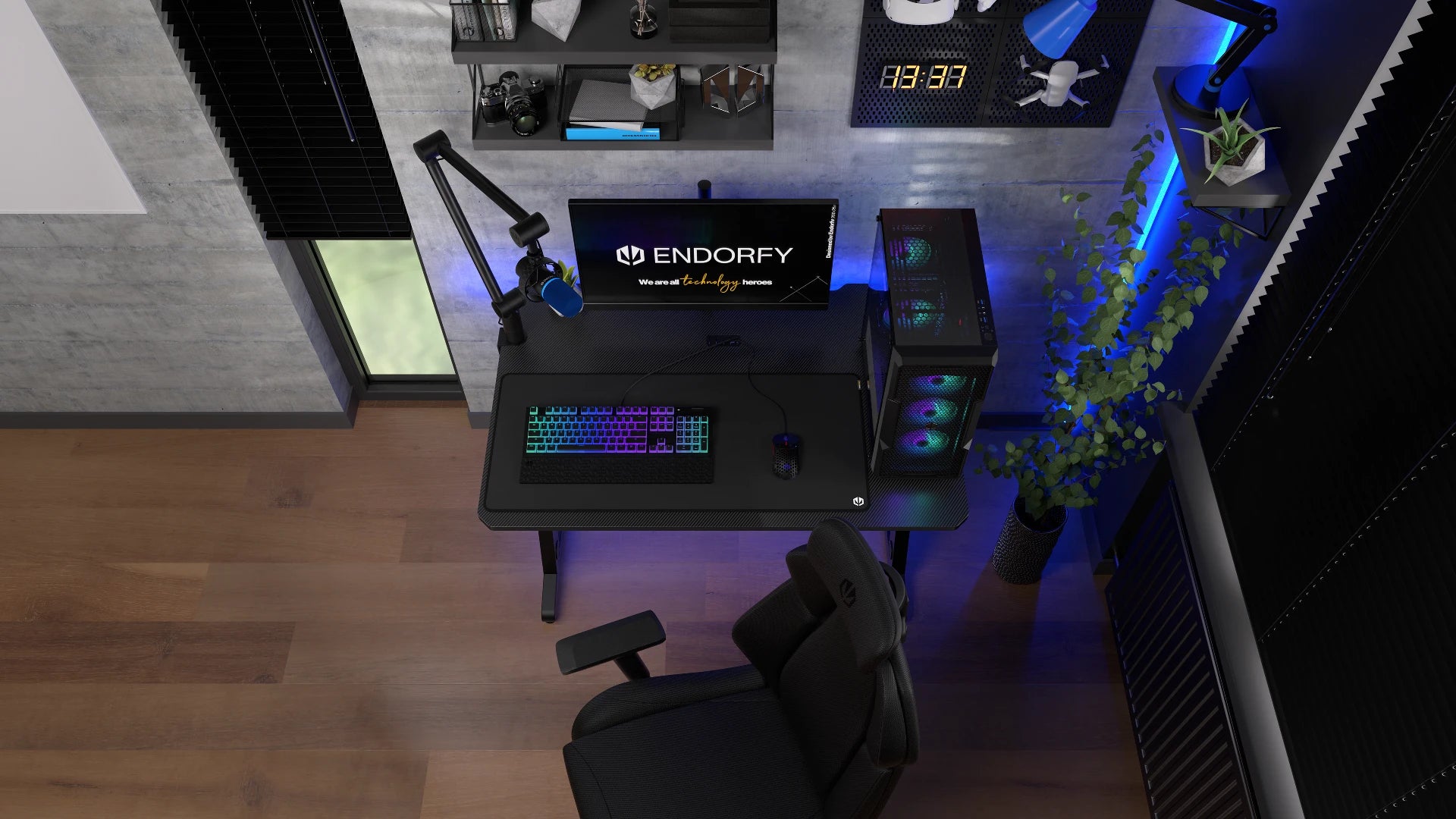 ENDORFY Atlas S EY8E001-Desk Top View Computer Set With Products On Desk Next To An Armchair