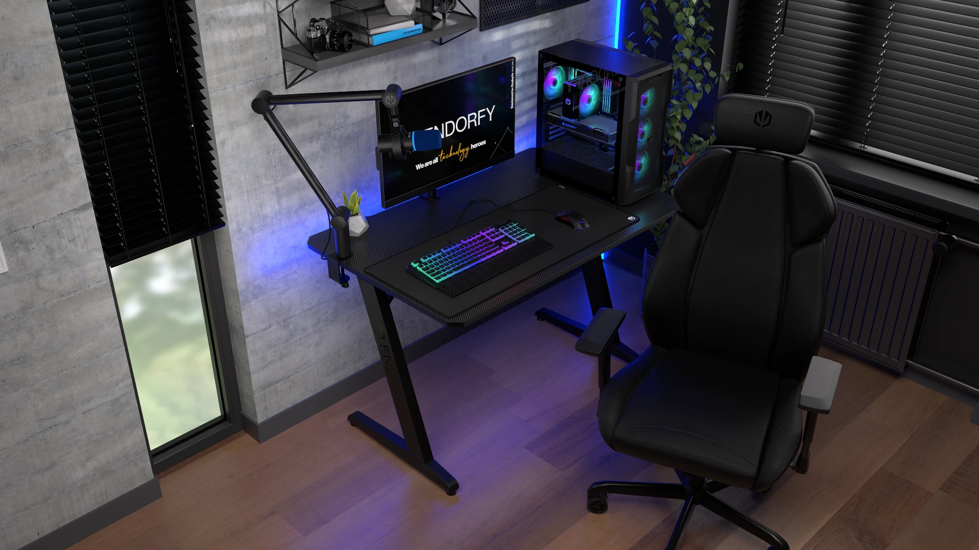 ENDORFY Atlas S EY8E001-Desk Left View Computer Set With Products On Desk Next To An Armchair