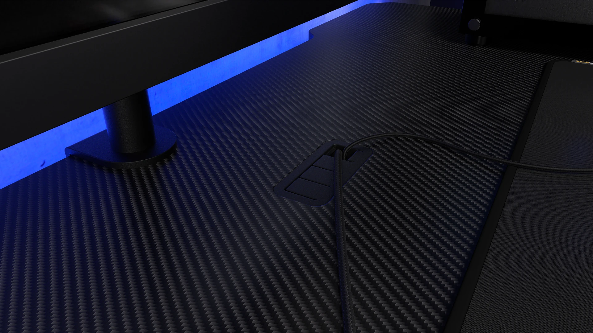 ENDORFY Atlas S EY8E001-Desk Front Left View Close up Of The Rubber Cable Grommets Flush